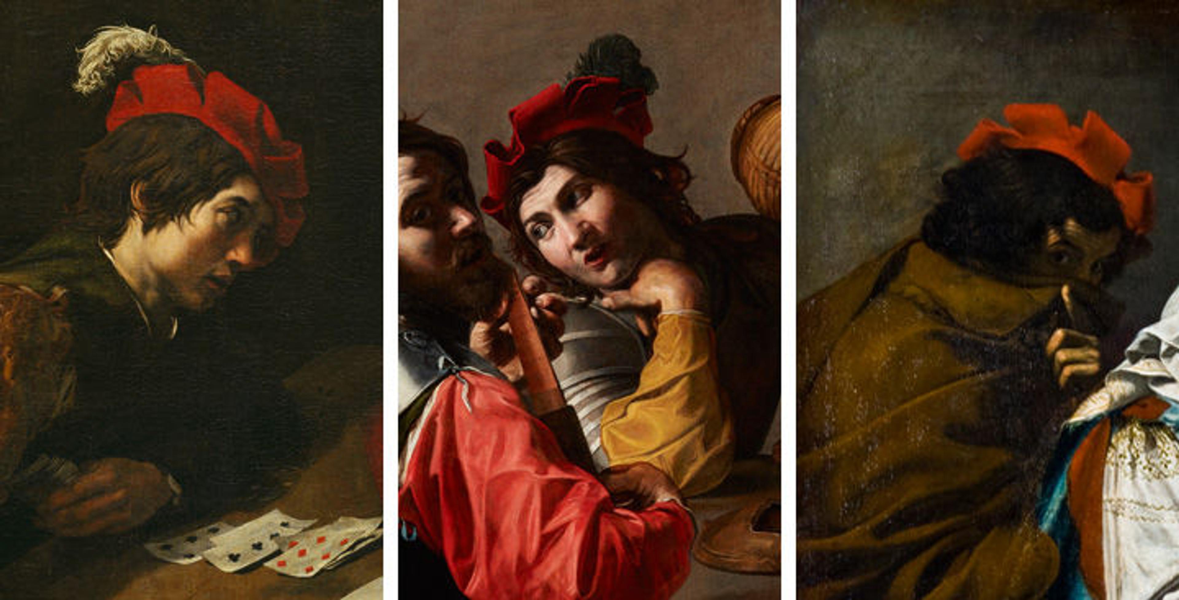 Three detail views of paintings by Valentin de Boulogne, showing figures wearing the same red, round-brimmed hat