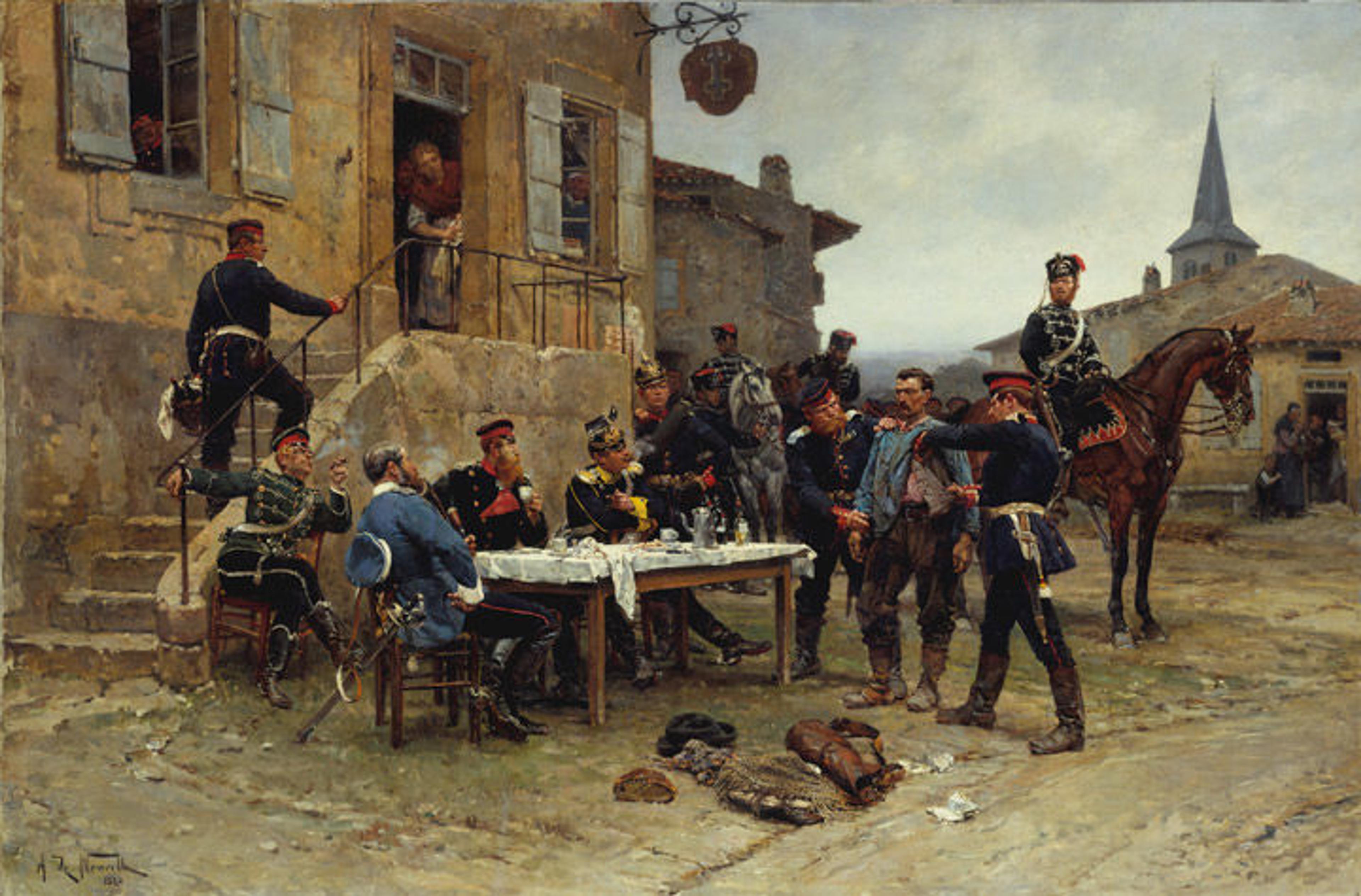 19th-century French painting depicting a group of soldiers gathered around a table out of doors