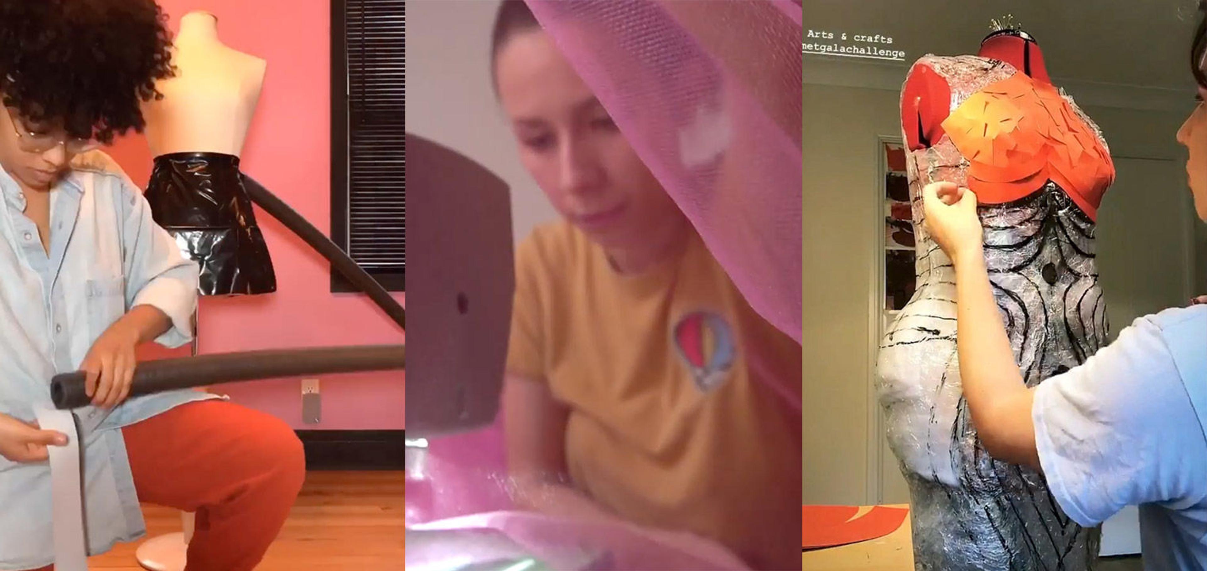 Composite image of three women DIY’ing dresses; on the left a woman kneels on one leg in front of her dress-making form while wrapping tape around a grey styrofoam tube; in the middle a woman’s face is veiled by the sheer pink tulle as she passes it through a sewing machine; on the right a woman applies red paper cut-outs to the bodice of a dress form.