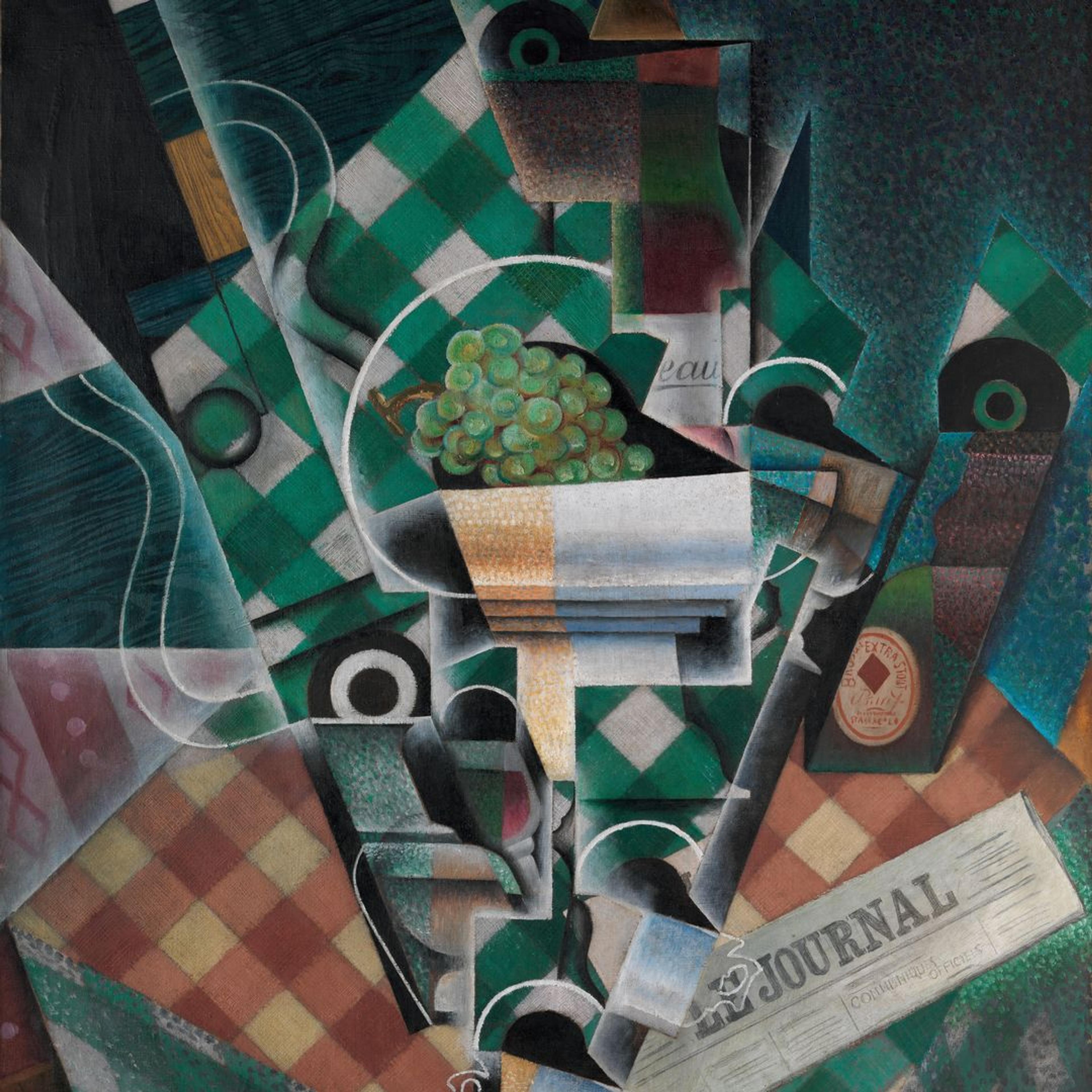 Oil and graphite painting of a green checked tablecloth with coffee cups, wine glasses, grapes, a newspaper and other objects arranged in the shape of a bull’s head