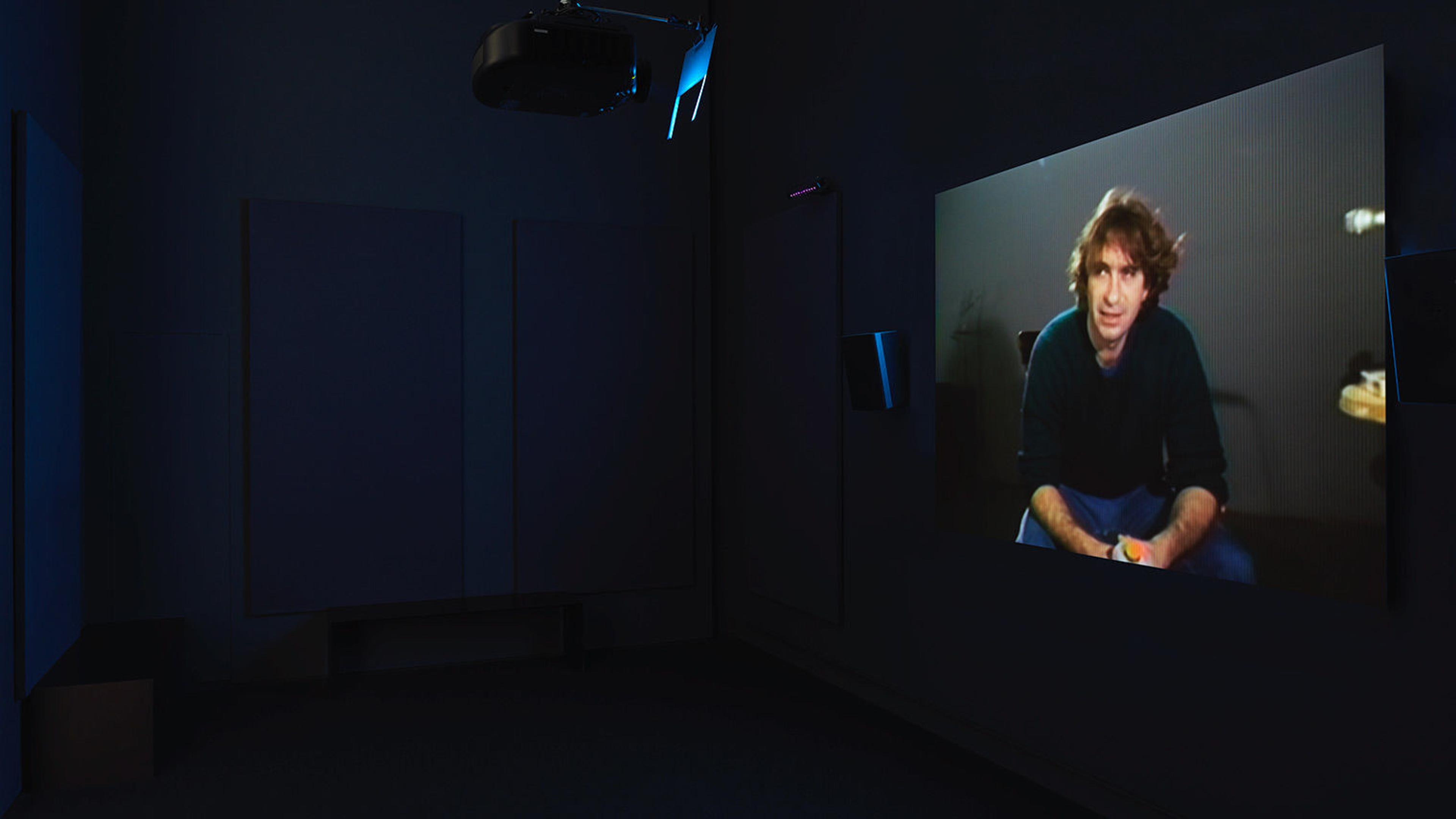 Video projected on a screen in the William Wegman exhibition Before/On/After