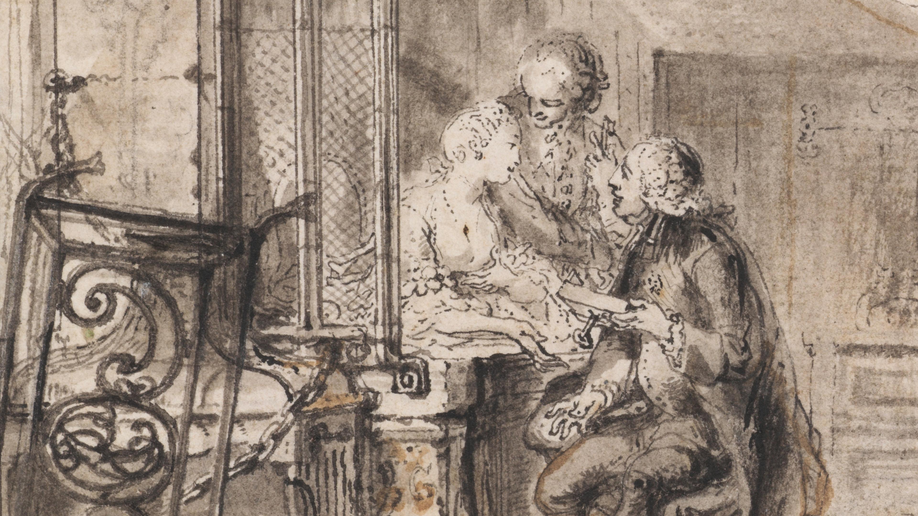 Two men and one woman in period clothing gather around a table, with the men attentively looking at the woman. The setting appears to be indoors, with ornate furnishings and a delicately drawn background.