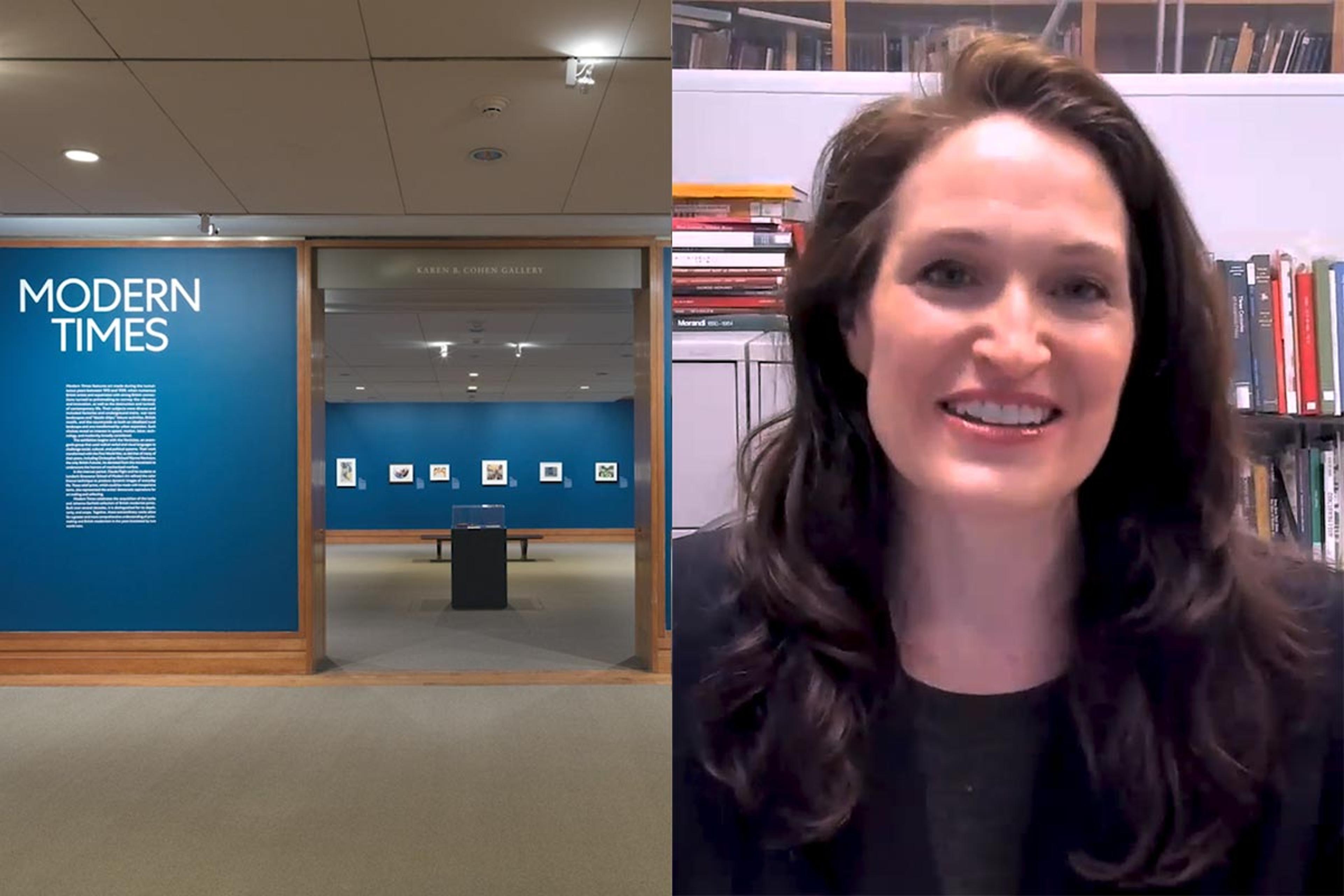Composite image: on the left, an orange and green modern print showing men going down an elevator. On the right, curator Jennifer Farrell.