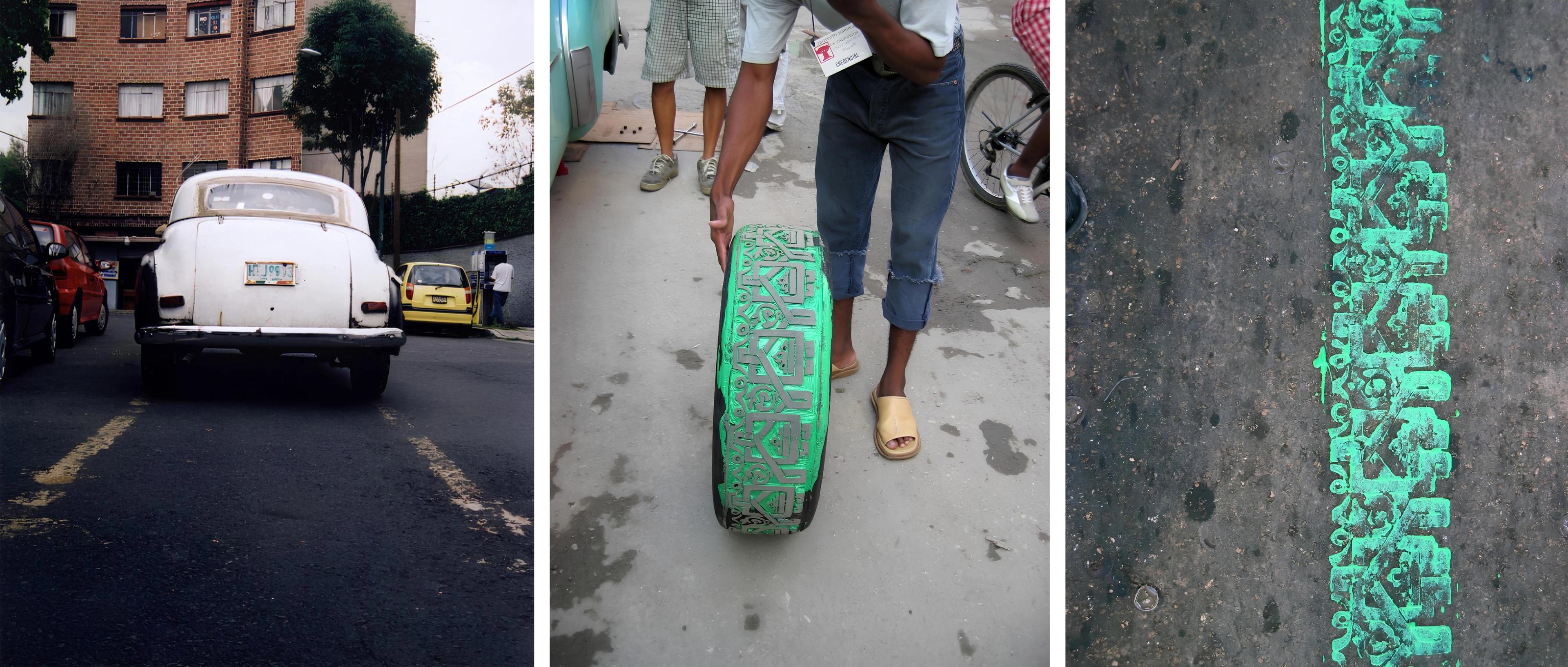 On the left, a white car leaving yellow tire imprints on the road. In the middle, a car tire with a tread engraved in motifs and covered in green paint. On the right, a close-up of the green imprints left on the road by the engraved tire.