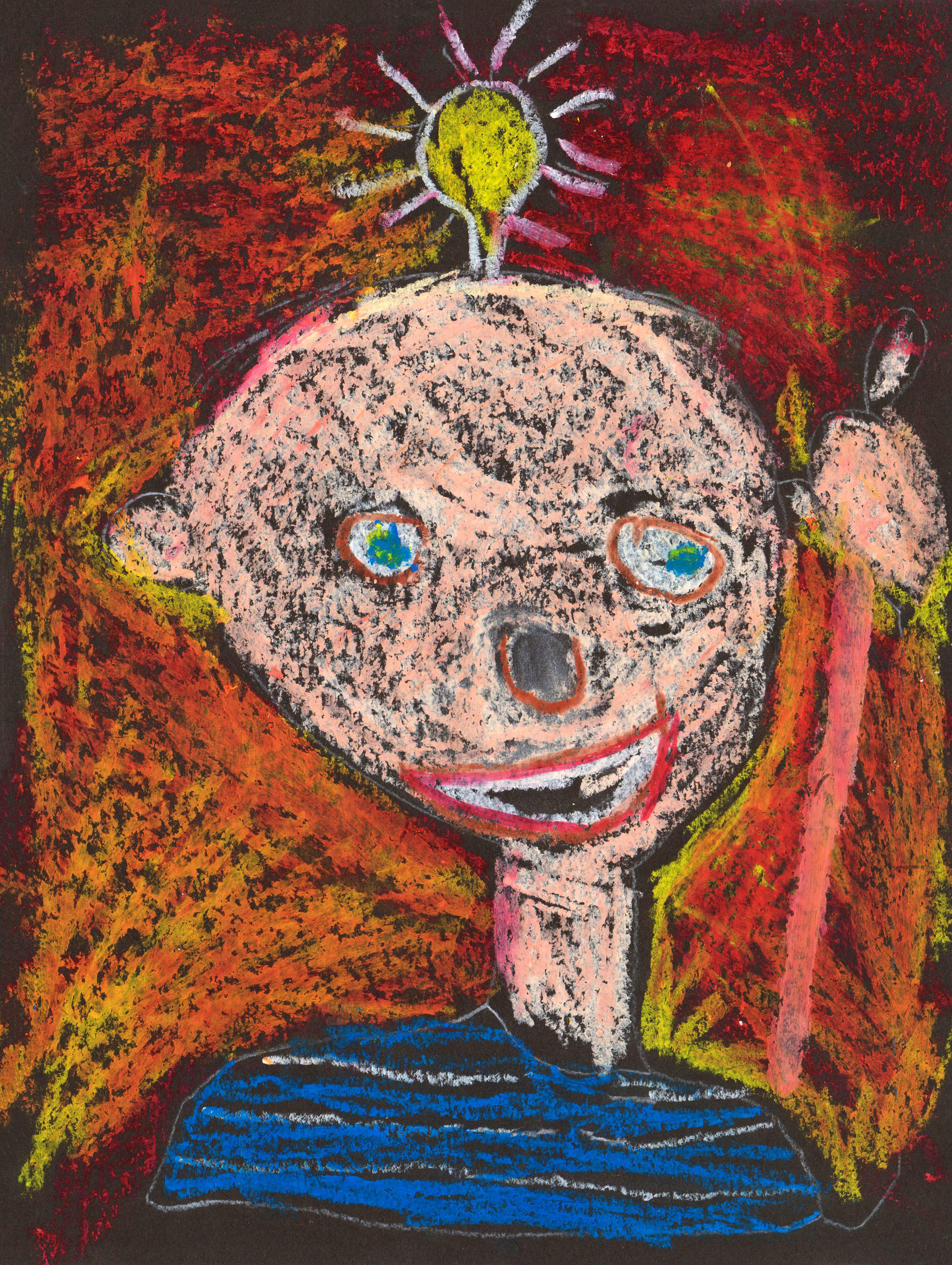 Oil pastel self-portrait of a young, light-skinned boy smiling wide and facing the viewer. He wears a shirt with black and blue horizontal stripes. His bold blue-green eyes and dark nose are drawn as circles outlined in light brown strokes. A yellow light bulb with extending white light beams is drawn directly atop his head, which appears hairless. The boy's ears are drawn as circles on either side, and the background behind him changes color from red near the top to orange near the bottom.