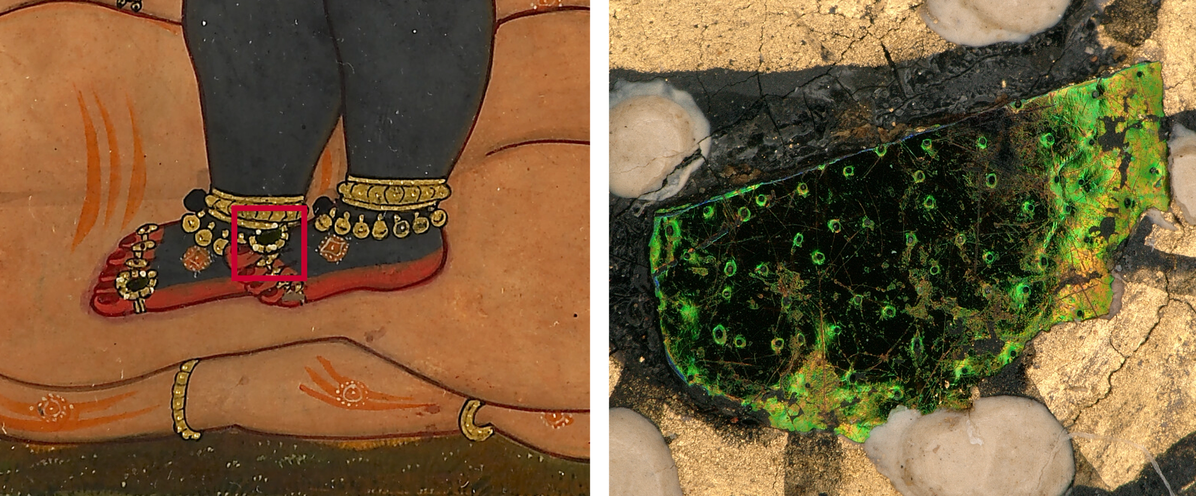 Diptych showing a painting of ankles accented with jewelry at left, and the magnification of one of the jewels at right