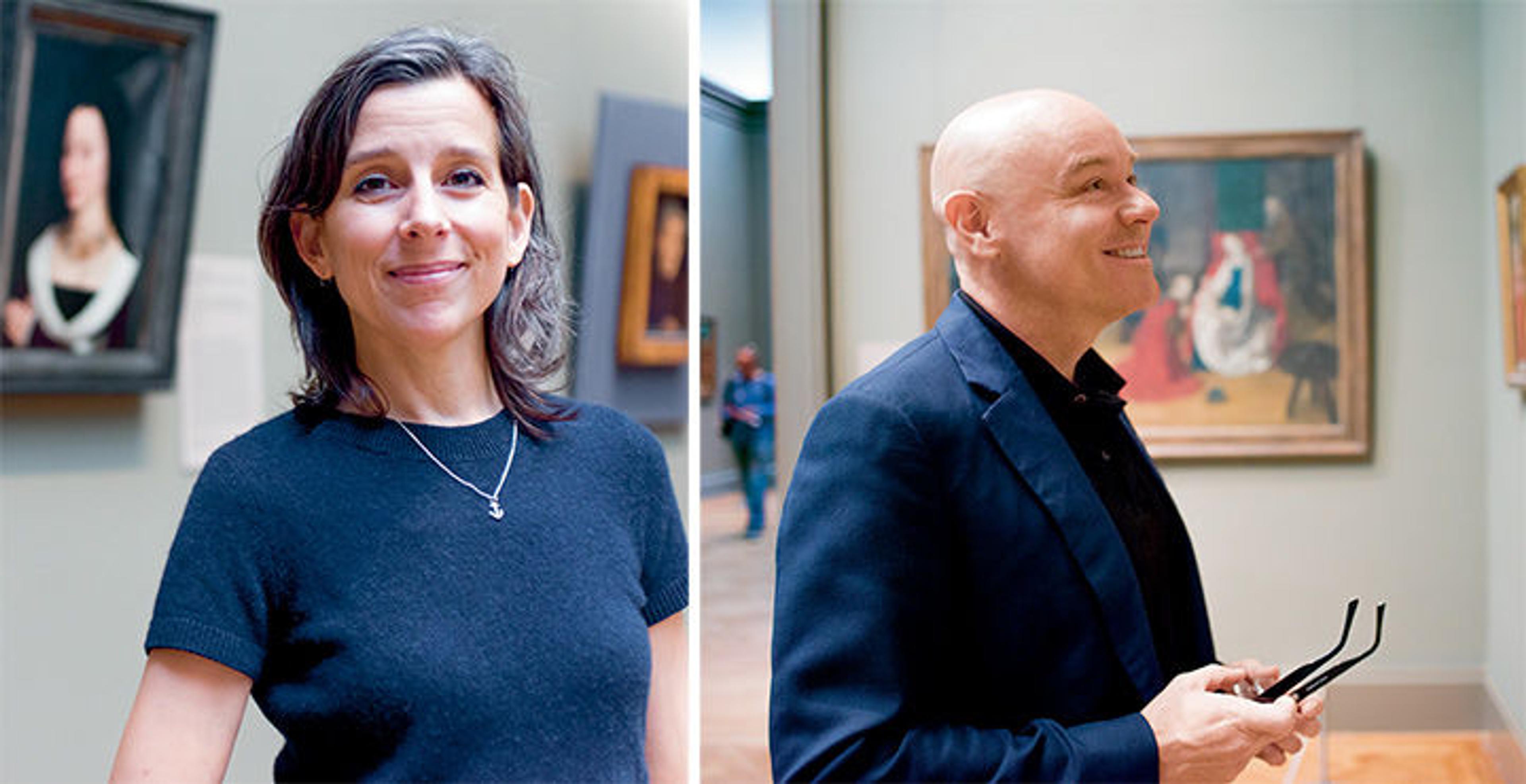 Nina Katchadourian on the left and Walton Ford on the right, both wearing dark blue, with paintings in the background