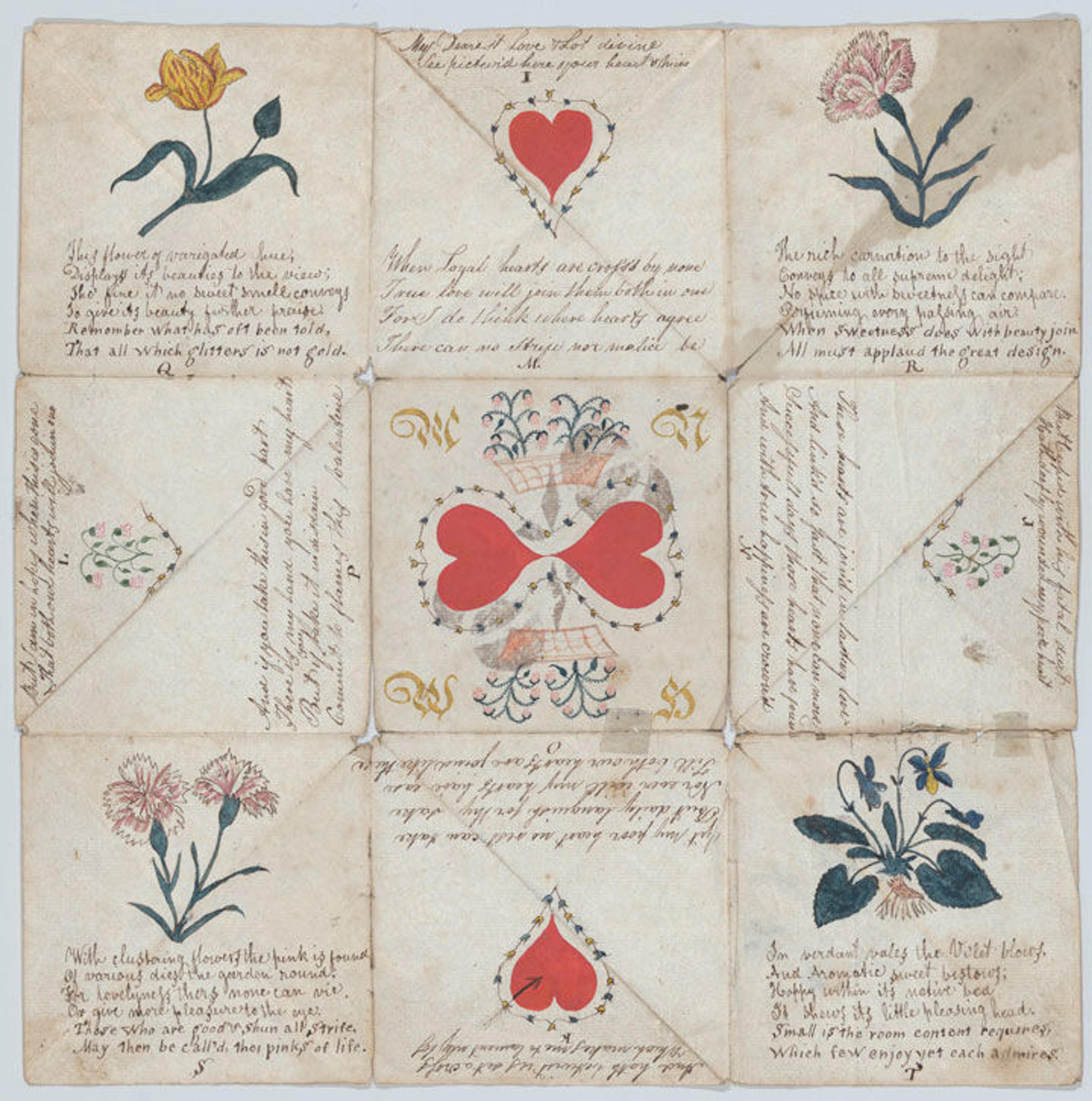 A 19th-century British puzzle-purse valentine: nine individual panels each showing a series of flowers, hearts, and poetry