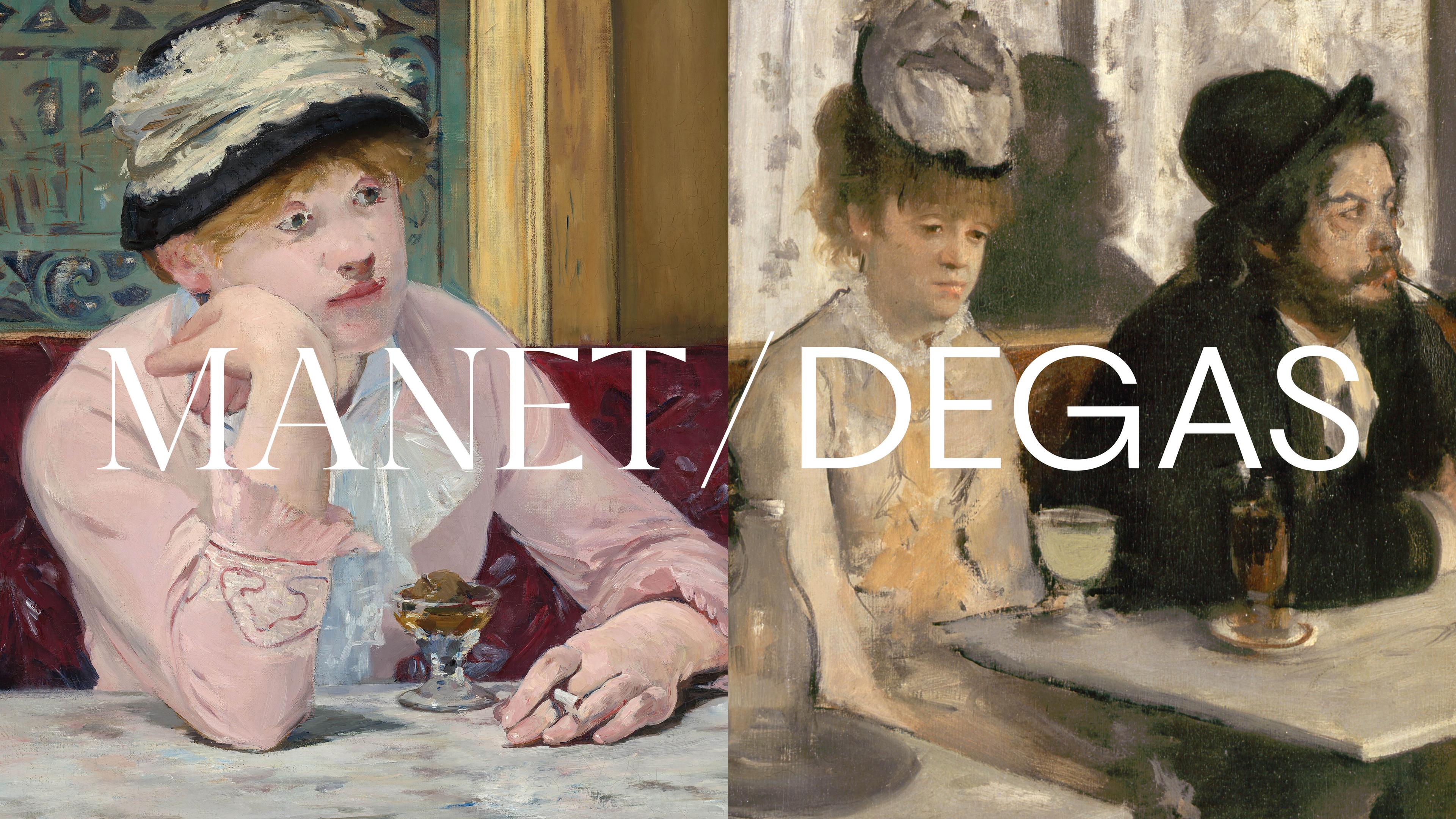 Photo collage of two paintings, with the words Manet/Degas overlaid on top; Left of boy wearing pink shirt and hat sitting on a red couch with a dessert; Right: Two people wearing tan and black sitting at a table against a tan wall.