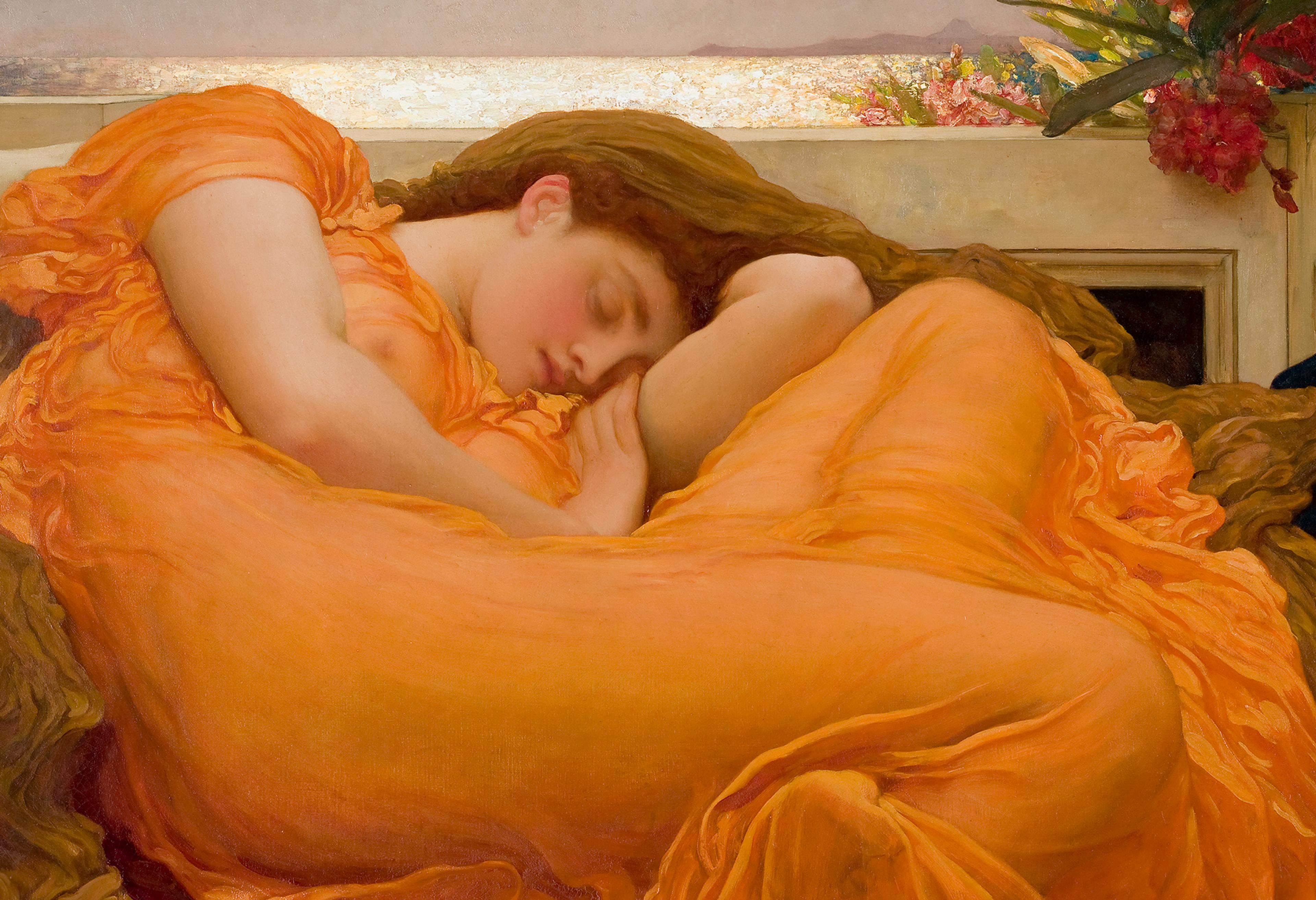 realistic painting of a white women with reddish hair sleeping in a curled up position on a large comfortable looking surface that has maroon red and brown clothe on it. The women is wearing a broad orange dress that is fairly transparent so the outline of her body is prominent. Behind her is a wall and behind that wall is a sunlit reflective body of water with a clear sky. A bright red flower creeps above the wall right above her.