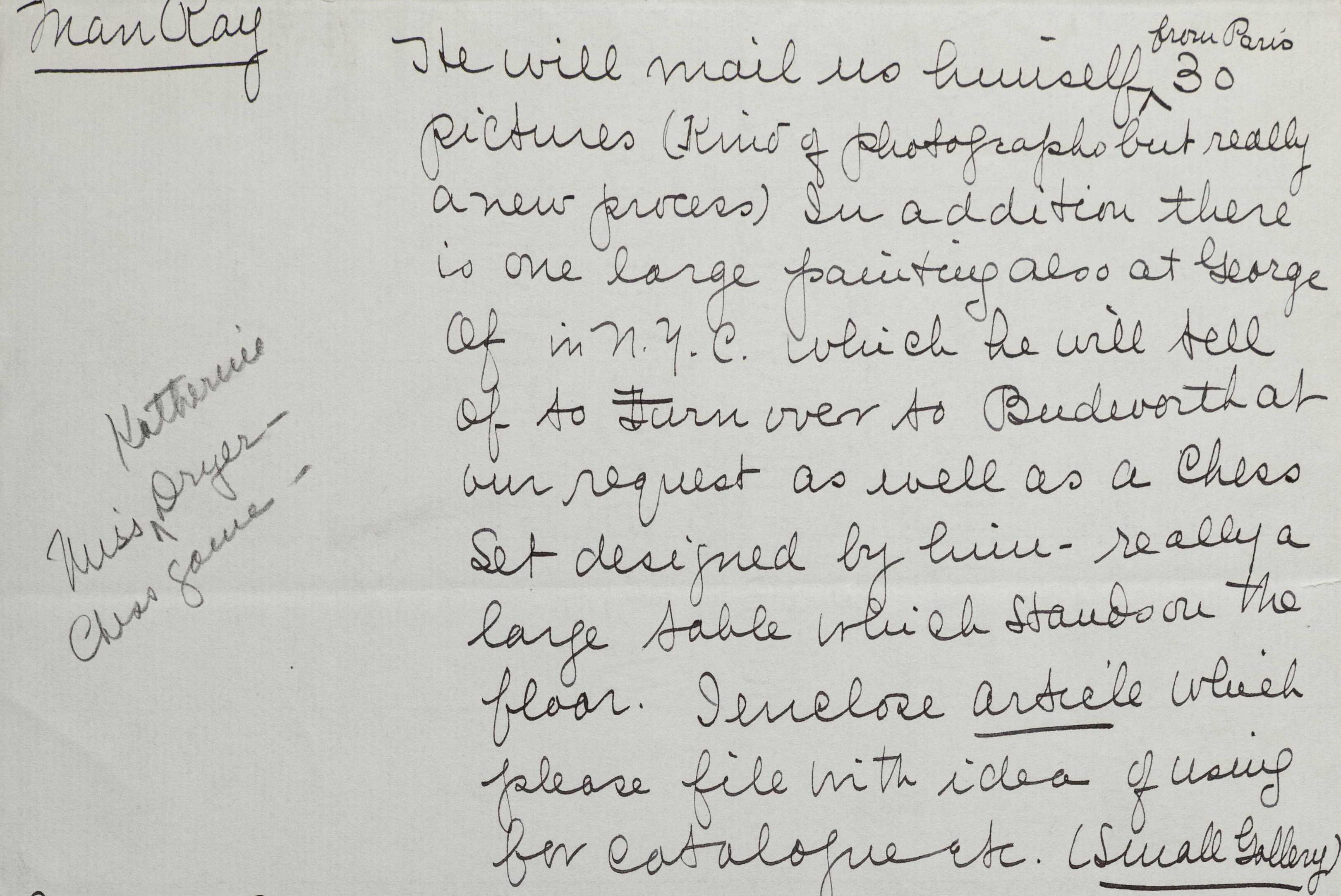 Paper with handwritten text in script that fills the right side. "Man Ray" in underline appears at the top left.