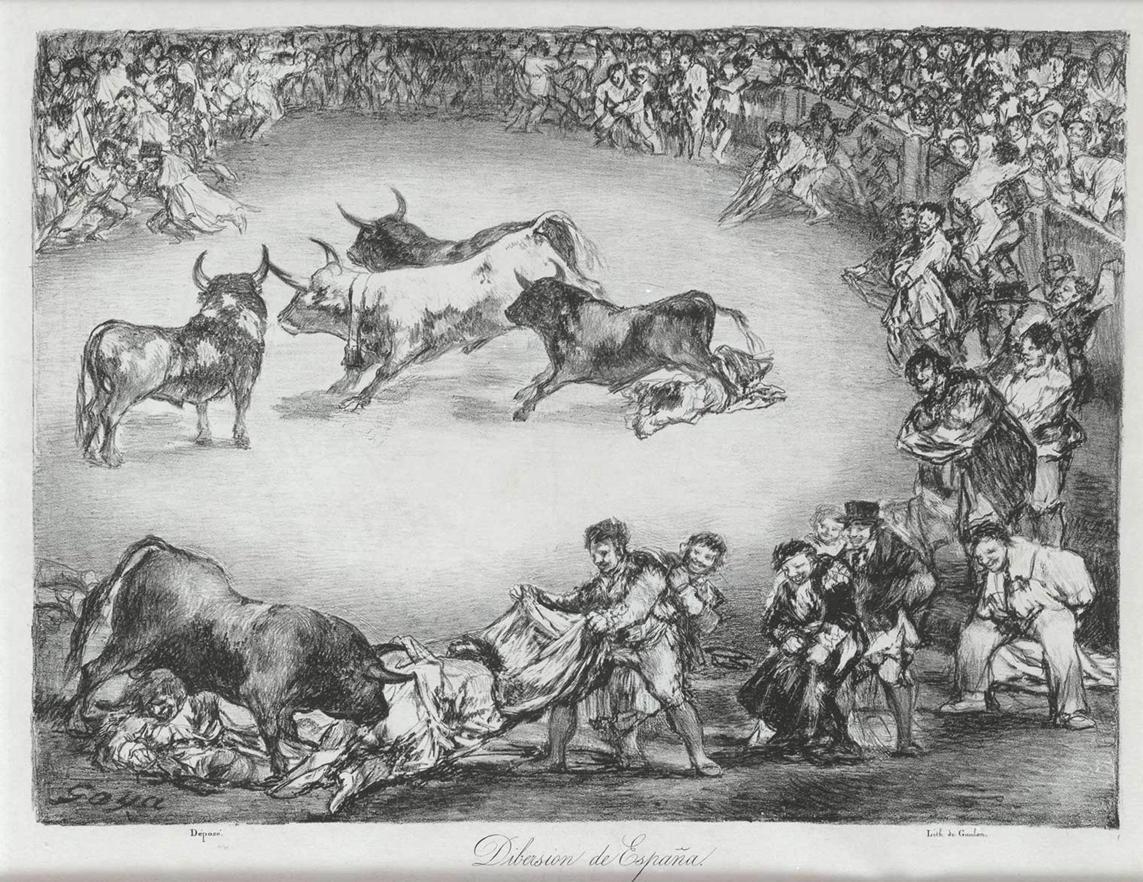Drawing of a bull surrounded by people in a stadium