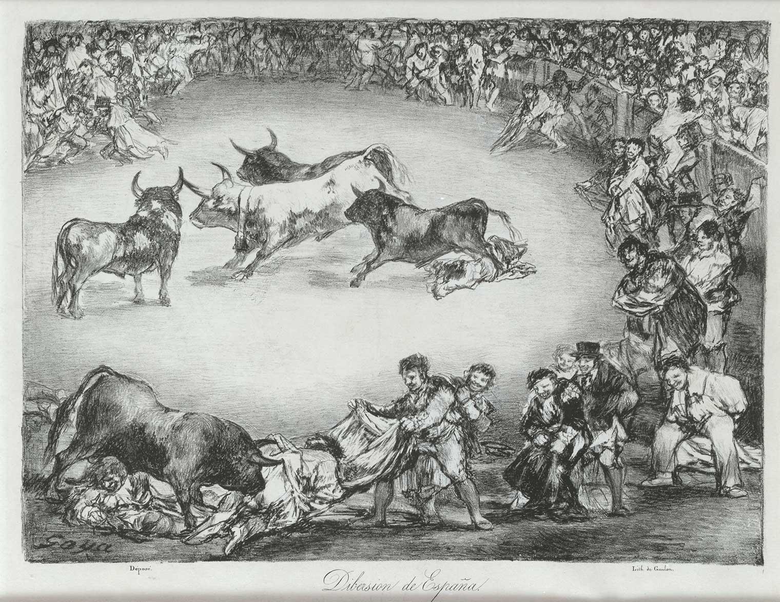 Drawing of a bull surrounded by people in a stadium