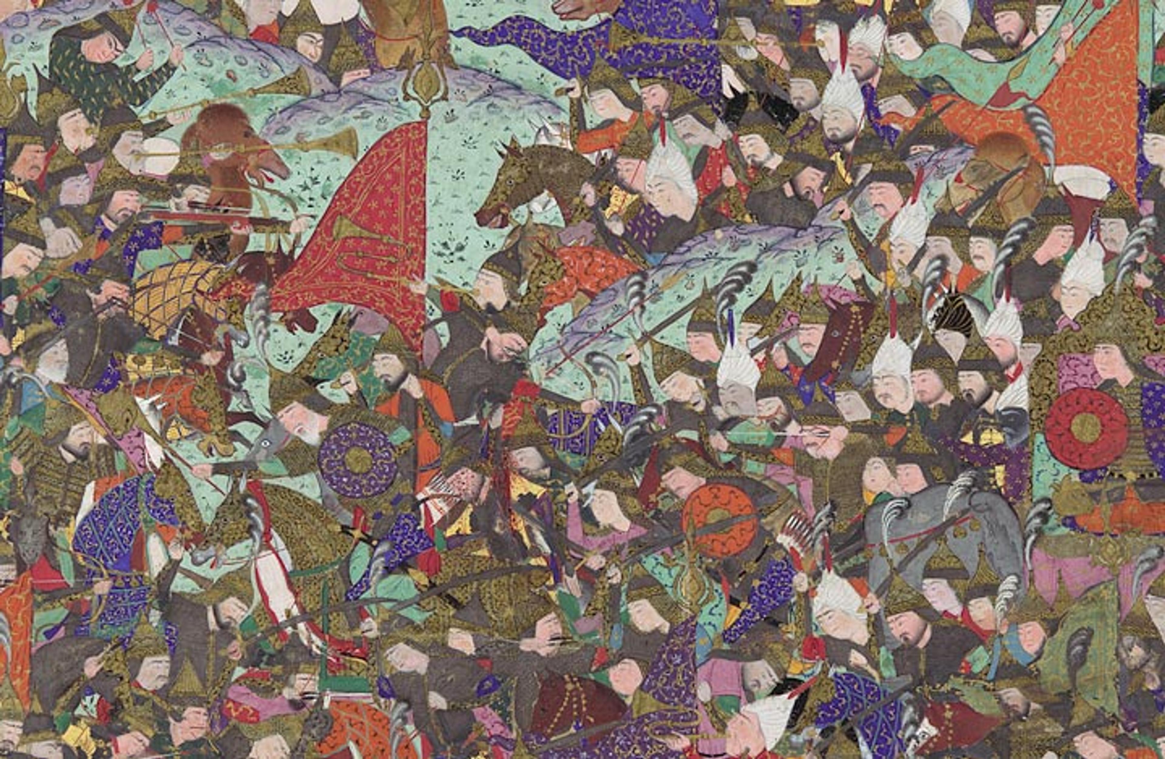 Detail view of a 16th-century Islamic manuscript depicting two large armies at battle