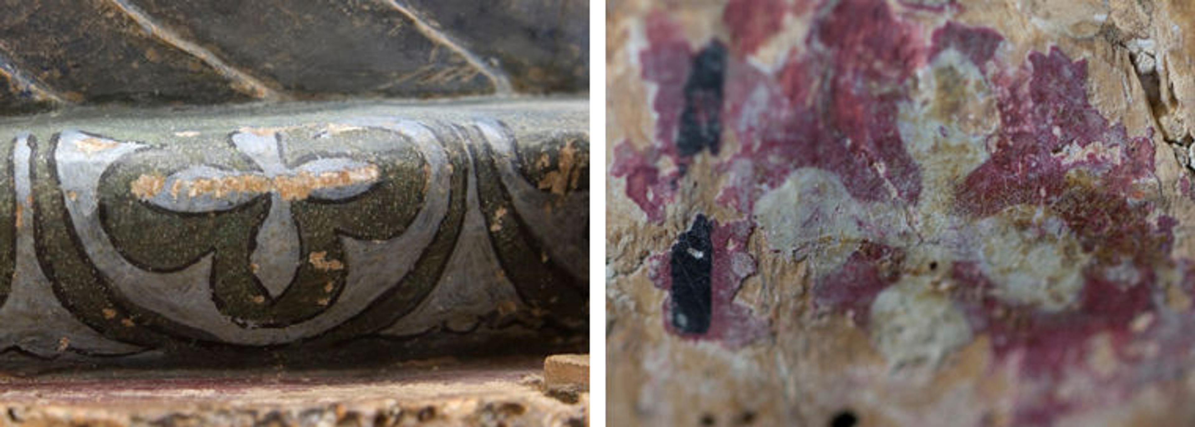 Close-up views of the quatrefoils painted on two twelfth-century sculptures of the Virgin and Child