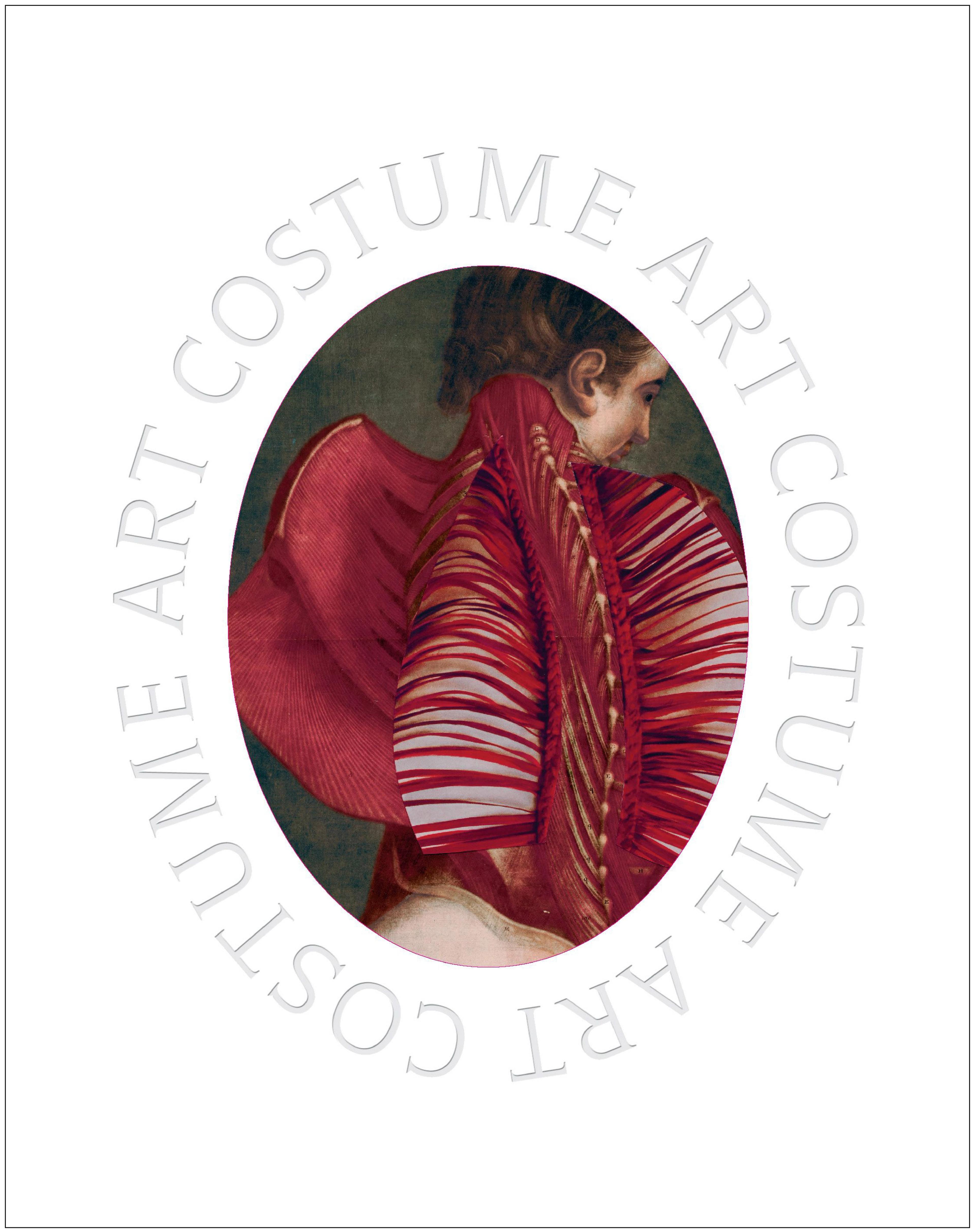 an oval window on a white background, with the words "Costume Art" repeated around the opening, reveals a drawing of a figure with red outfit that suggests bones and muscles protruding from their back