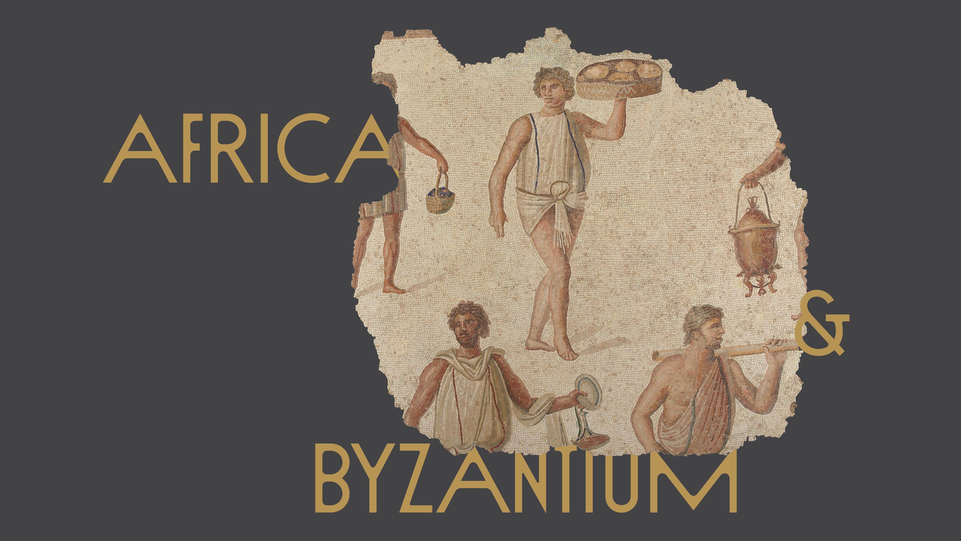 Mosaic in the shape of a map with a title in yellow that reads "Africa & Byzantium"