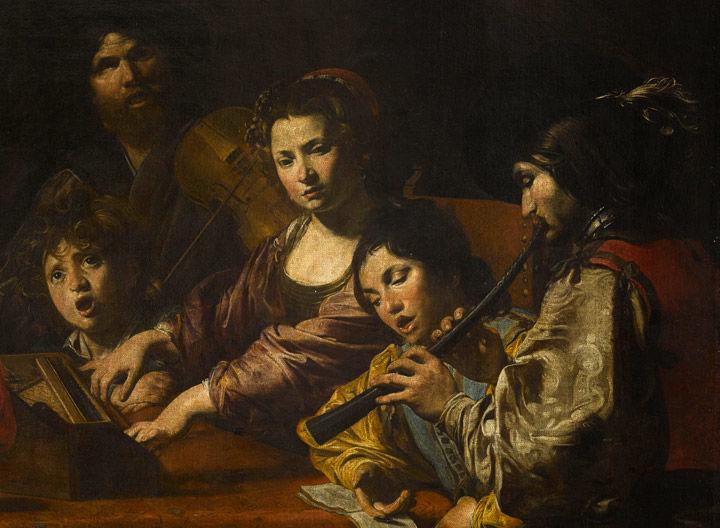 Detail view of a Valentin de Boulogne painting, showing a woman and a man seated at a table playing a guitar and a lute, respectively