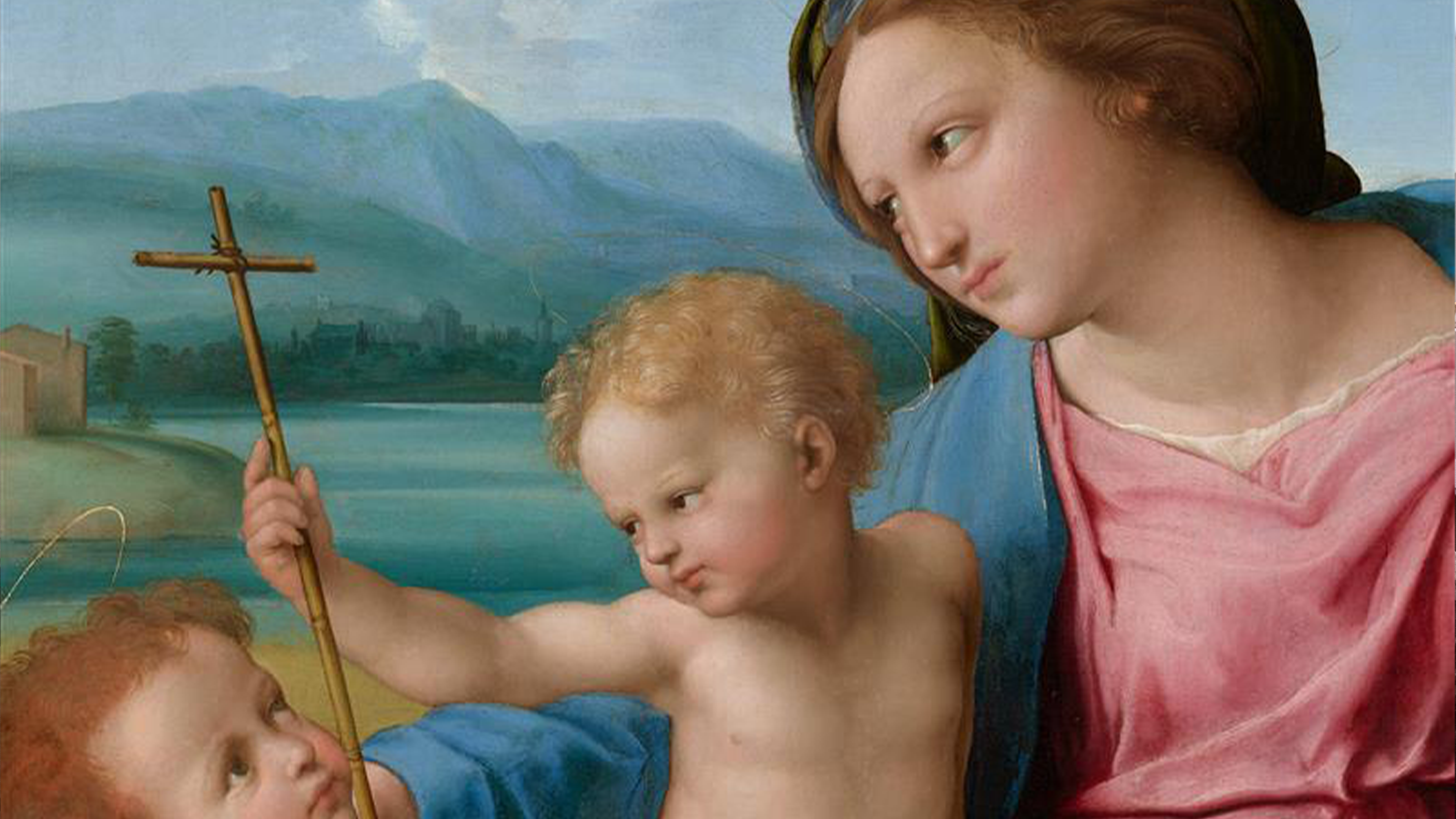 Raphael (Raffaello di Giovanni Santi), The Virgin and Child with Infant Saint John the Baptist in a Landscape (The Alba Madonna) (detail), ca. 1509–11. Oil on canvas (transferred from wood). National Gallery of Art, Washington, D.C., Andrew W. Mellon Collection 1937.1.24
