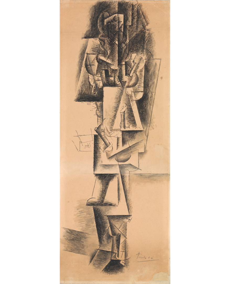Ink and charcoal painting with a vertical figure of a woman created through scaffolding of planes and using curved and diagonal lines to make out the body