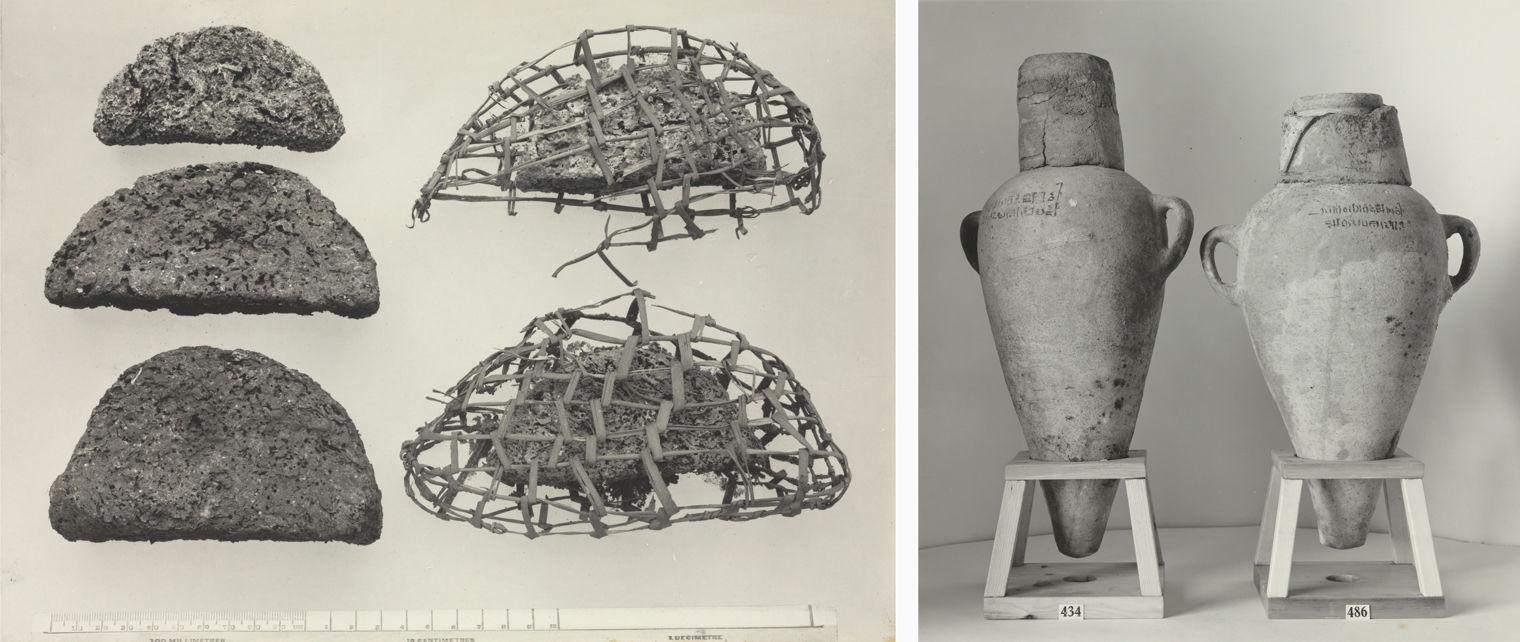 Two images: on the left, five half-moon shaped loaves of bread, two of which are wrapped in an open weave net or basket. On the right, two conical vessels for wine with looped handles.