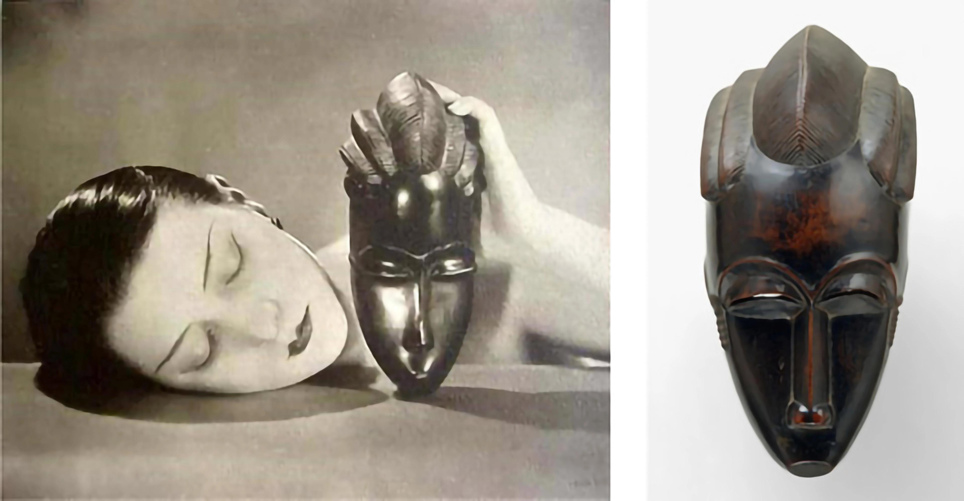 At left, a woman leans her head on a surface and holds a mask upright atop the surface. At right, a close up of the mask.