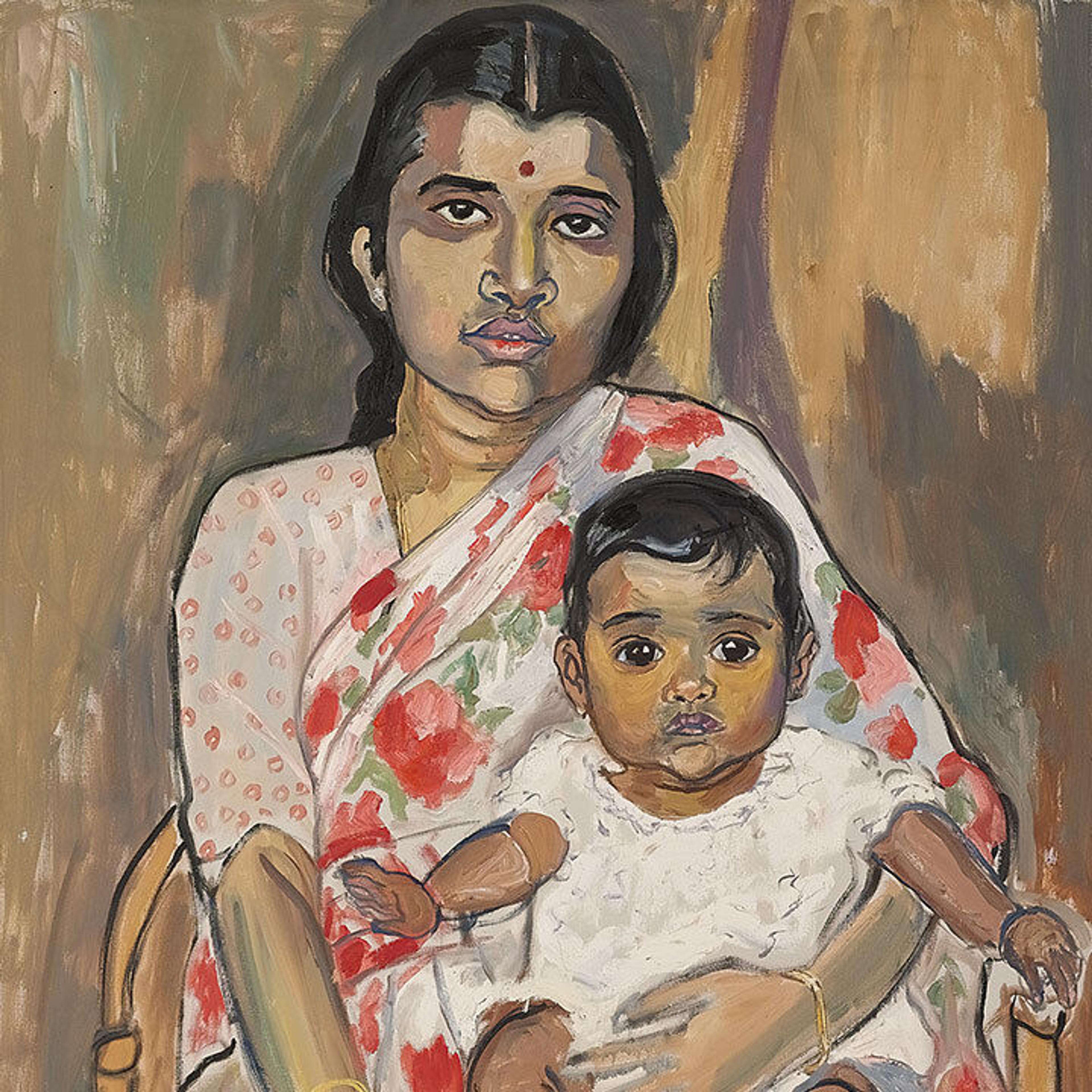 A painting of an Indian woman wearing a sari and holding a child