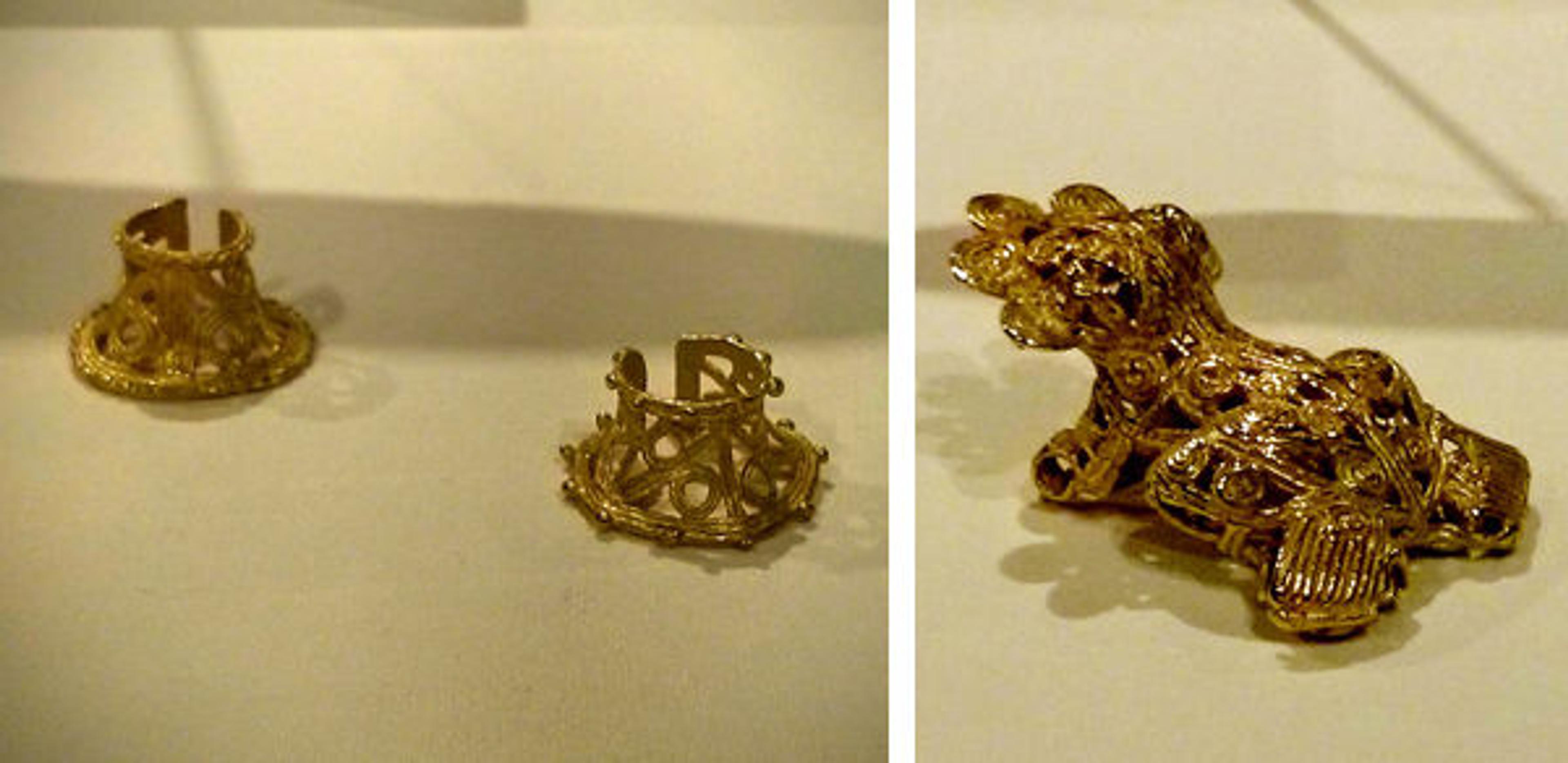 Left: Fig. 5a. Nose ornaments, 5th–8th century. Venado Beach, Panama. Gold (cast); left H. 5/8 x Diam. 1 in. (1.6 x 2.5 cm); right H. 1/2 x Diam. 1 in. (1.3 x 2.5 cm). The Metropolitan Museum of Art, New York, The Michael C. Rockefeller Memorial Collection, Bequest of Nelson A. Rockefeller, 1979 (1979.206.1353 [left], 1979.206.1352 [right]). Right: Fig. 5b. Frog pendant, 5th–8th century. Venado Beach, Panama. Gold (cast); H. 2 1/4 x W. 1 1/2 x D. 1 1/8 in. (5.7 x 3.8 x 2.8 cm). The Metropolitan Museum of Art, New York, The Michael C. Rockefeller Memorial Collection, Bequest of Nelson A. Rockefeller, 1979 (1979.206.1351)