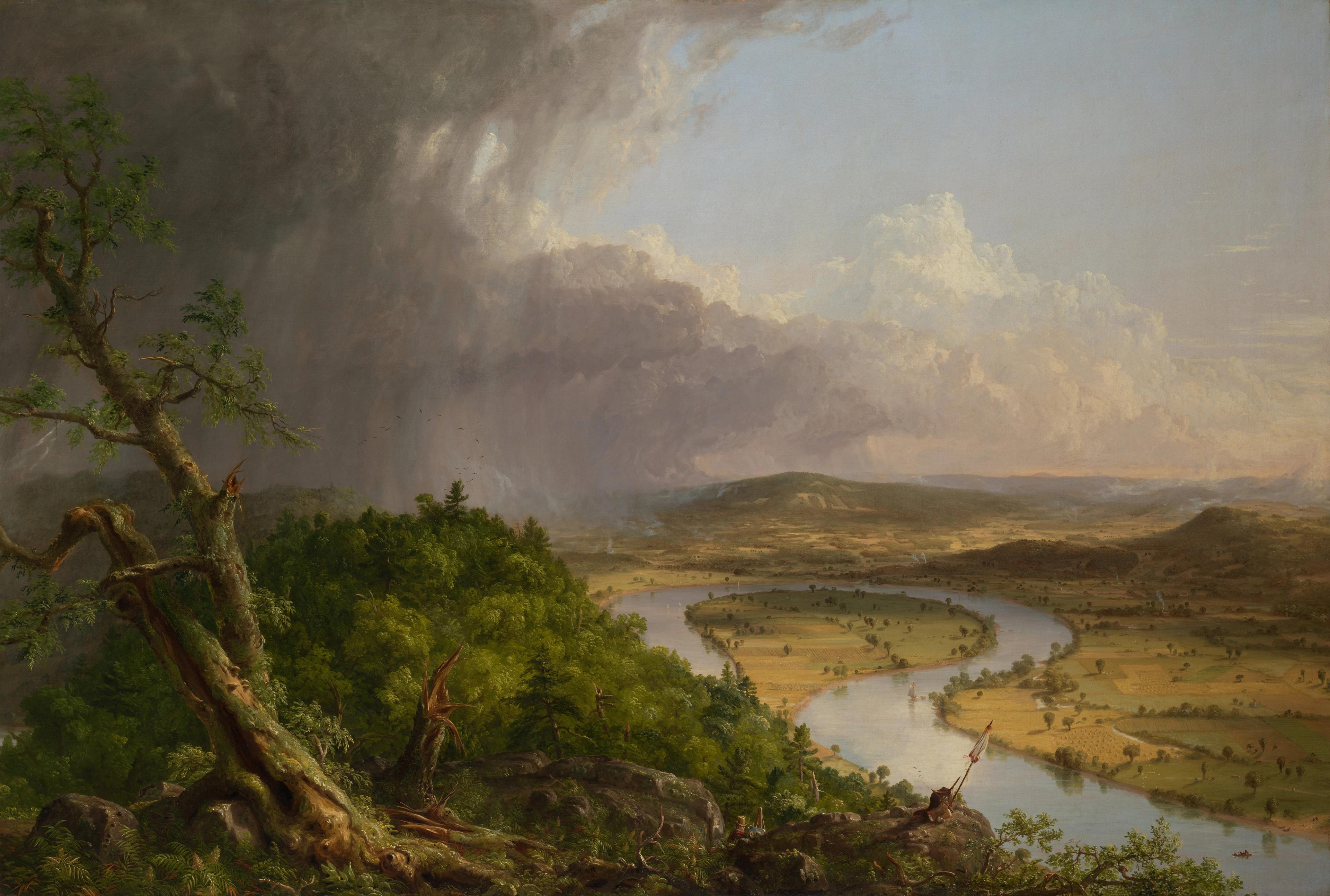 Landscape painting. In the foreground, tree trunks twist amidst lush greenery. In the background, the light blue of a river's oxbow cuts into the hilly landscape.