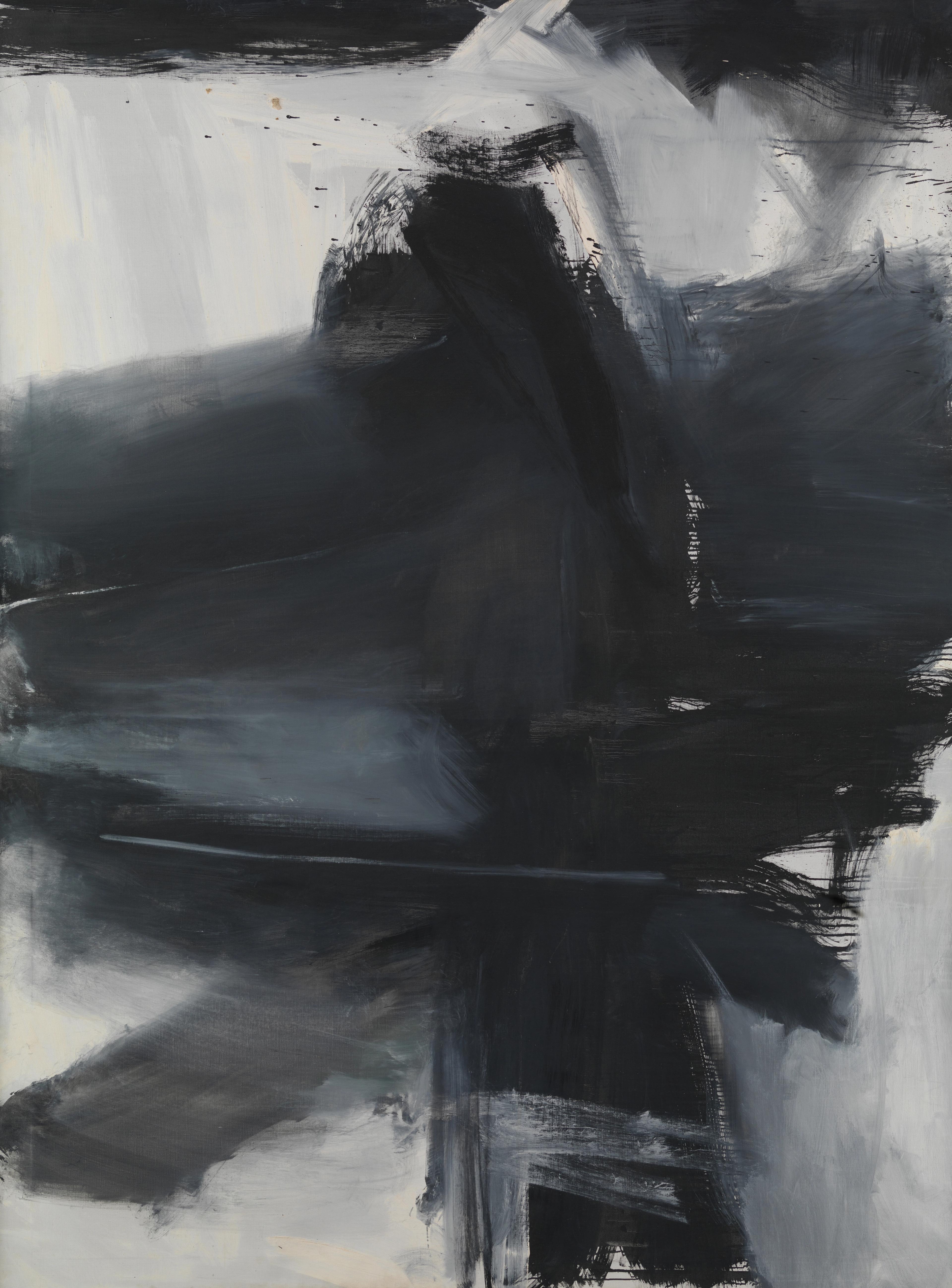 Abstract painting in black, white, and gray.