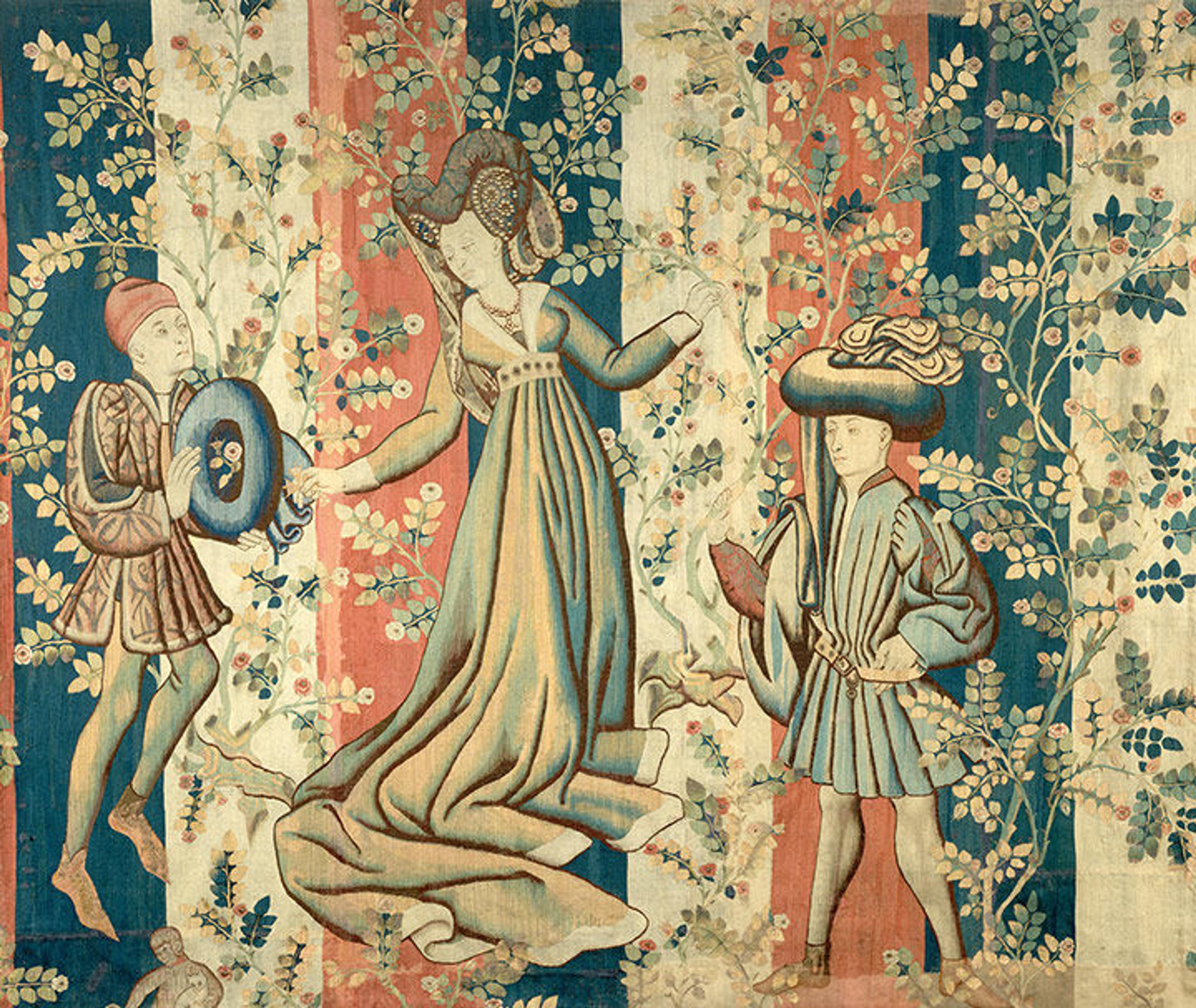 Tapestry of Courtiers in a Rose Garden: A Lady and Two Gentlemen