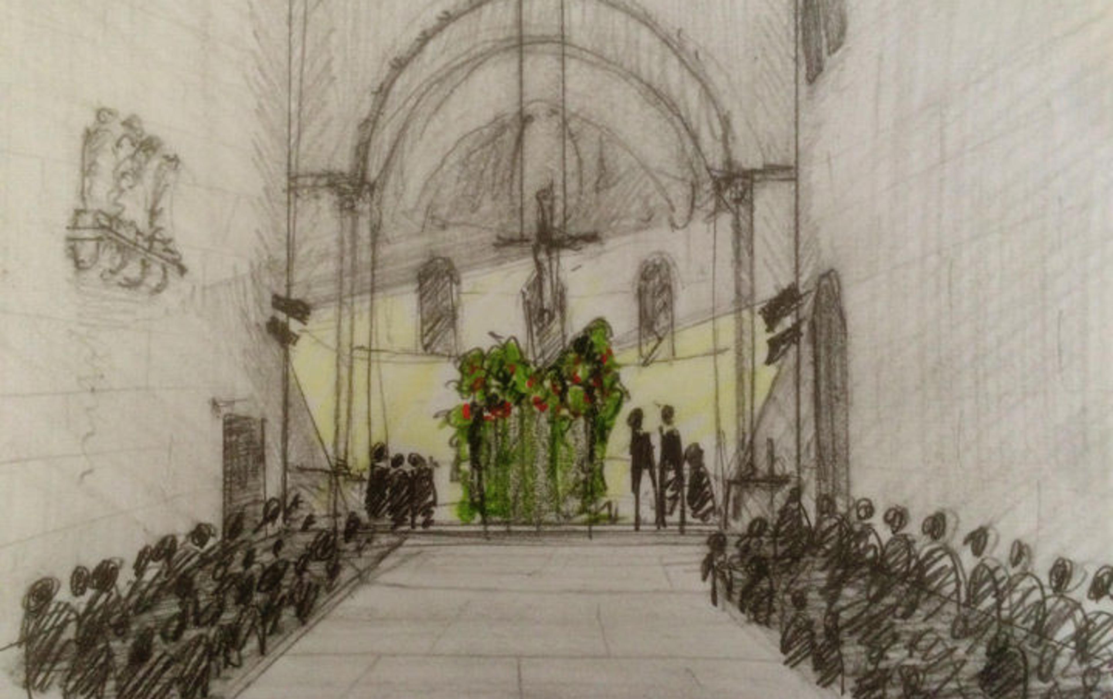 A hand-drawn rendering of the set design for "The Play of Adam" at The Met Cloisters