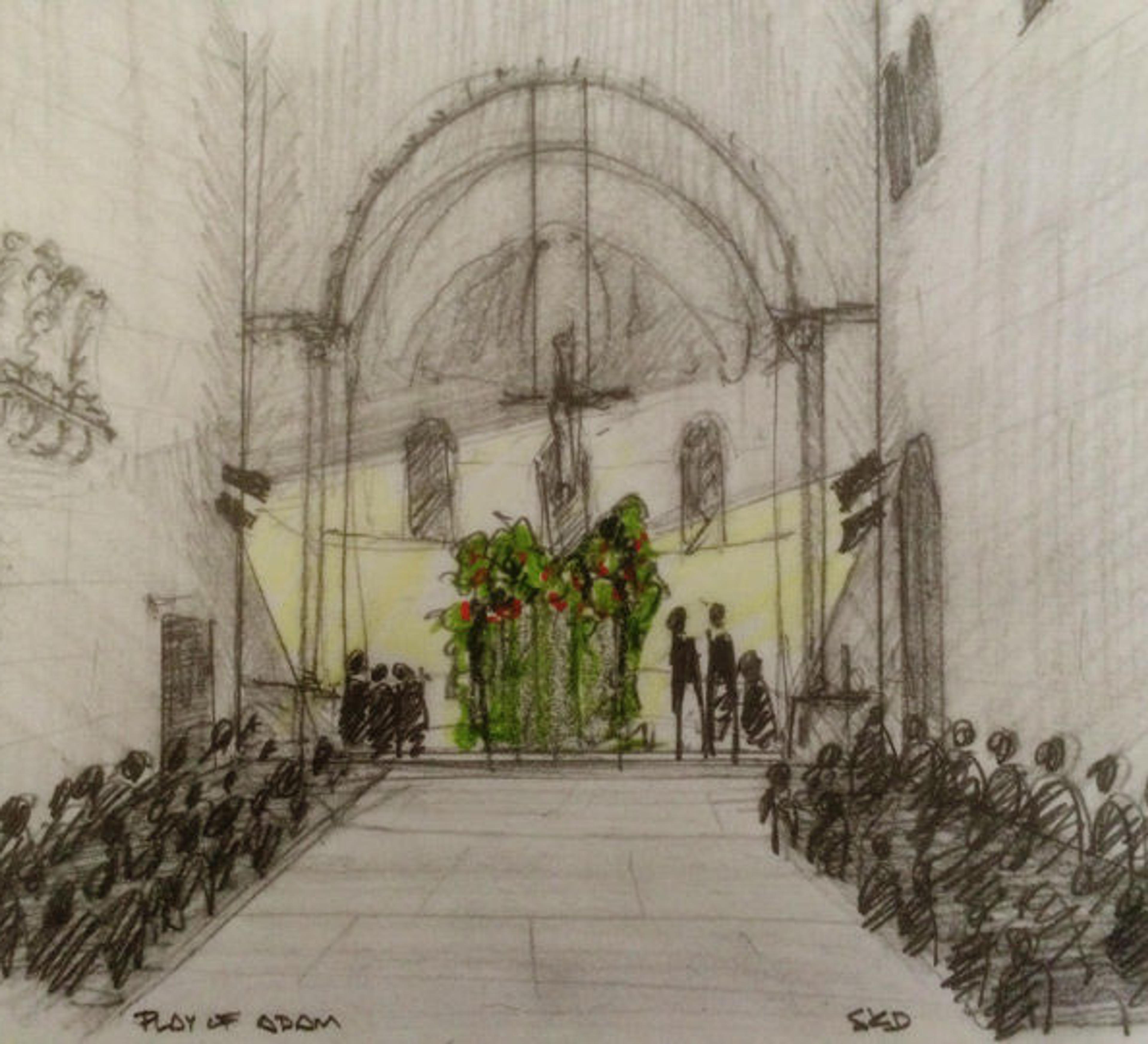 A hand-drawn rendering of the set design for "The Play of Adam" at The Met Cloisters