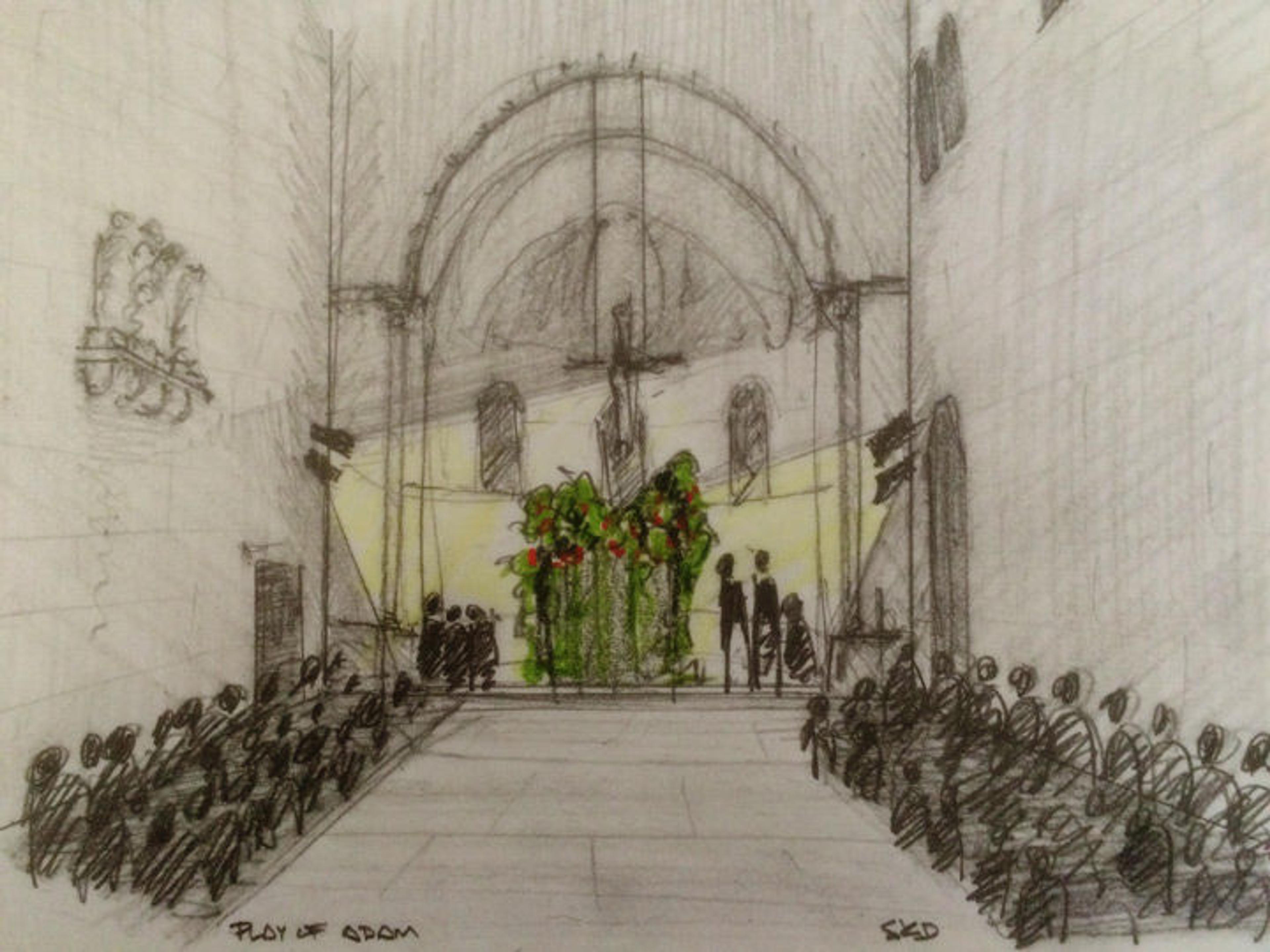 A hand-drawn rendering of the set design for "The Play of Adam" at The Met Cloisters