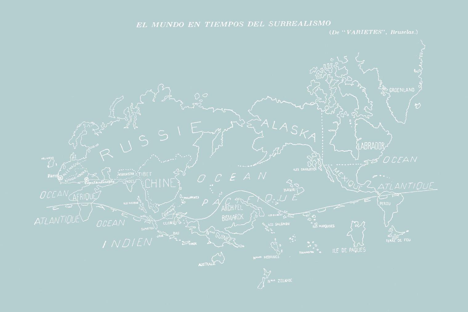 A line drawing in white of the global map against a gray-blue background, showing the spread of Surrealism to different nations.