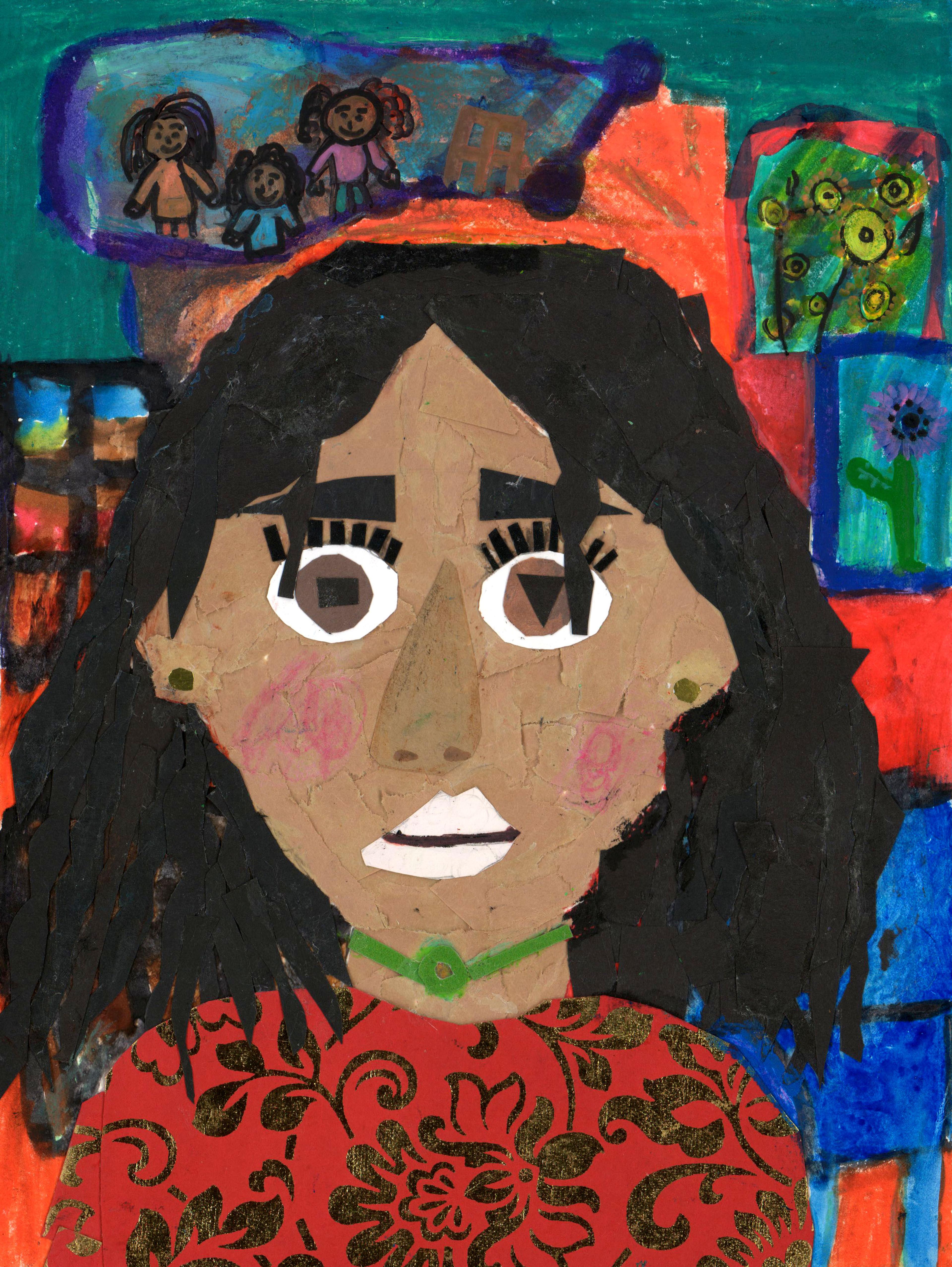 Paper collage self-portrait of young girl with light brown skin and long black hair, facing the viewer. She has thick black eyebrows and prominent black eyelashes over big brown eyes. Her lips are white, and she wears a green band around her neck and a red shirt decorated with dark floral patterns. Behind the girl are various colorful elements and patterns, including a purple flower on a green stem in a blue framed box drawn to the right. A green box above that shows a bunch of yellow flowers. Above the girl's head and to the left, three smiling girls are drawn in a blue frame, standing to the left of a brown, two-story building.