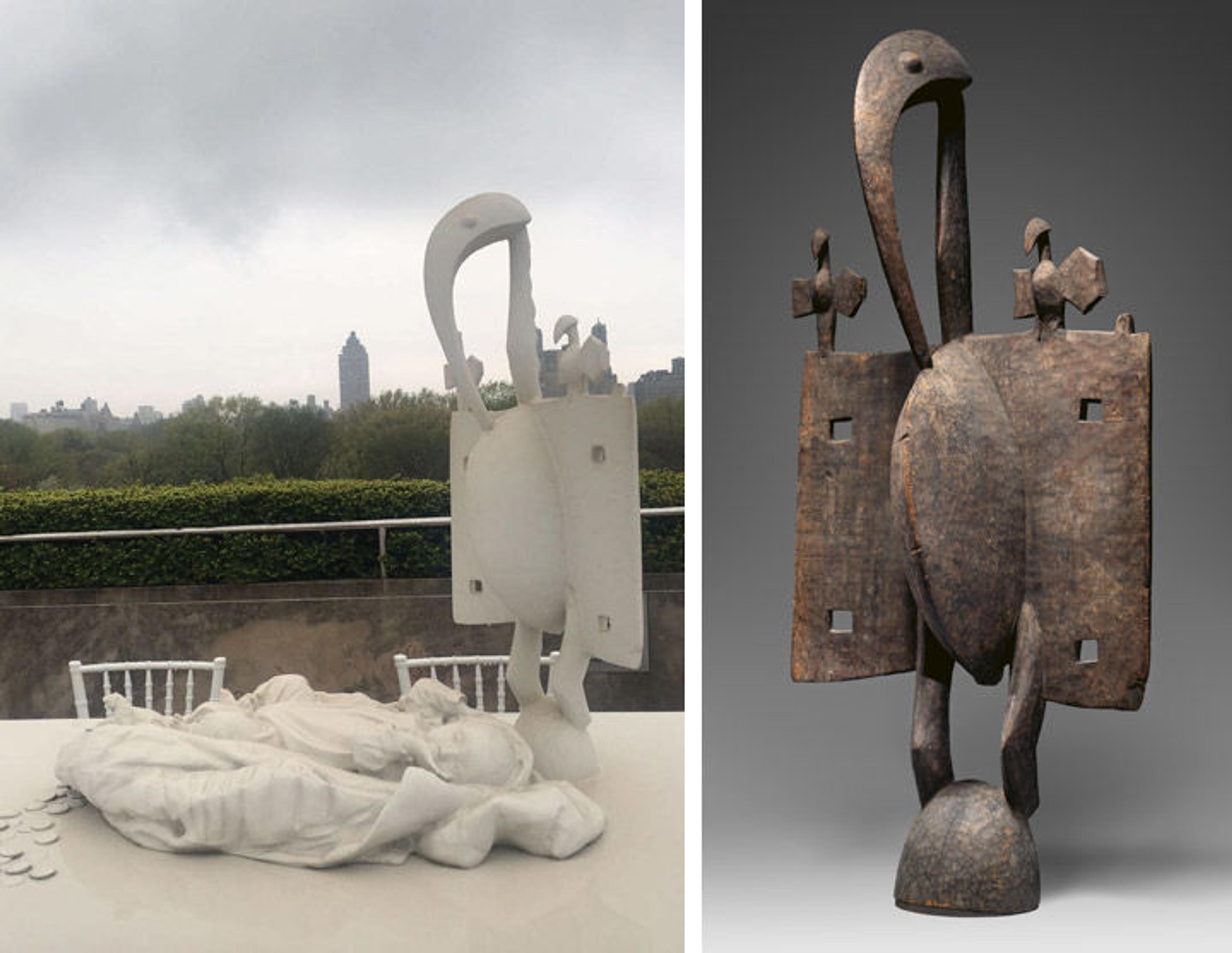 Left: View of Adrian Villar Rojas's Theater of Disappearance on The Met's Cantor Roof Garden. Right: A bird sculpture my by the Senufo peoples of the Ivory Coast