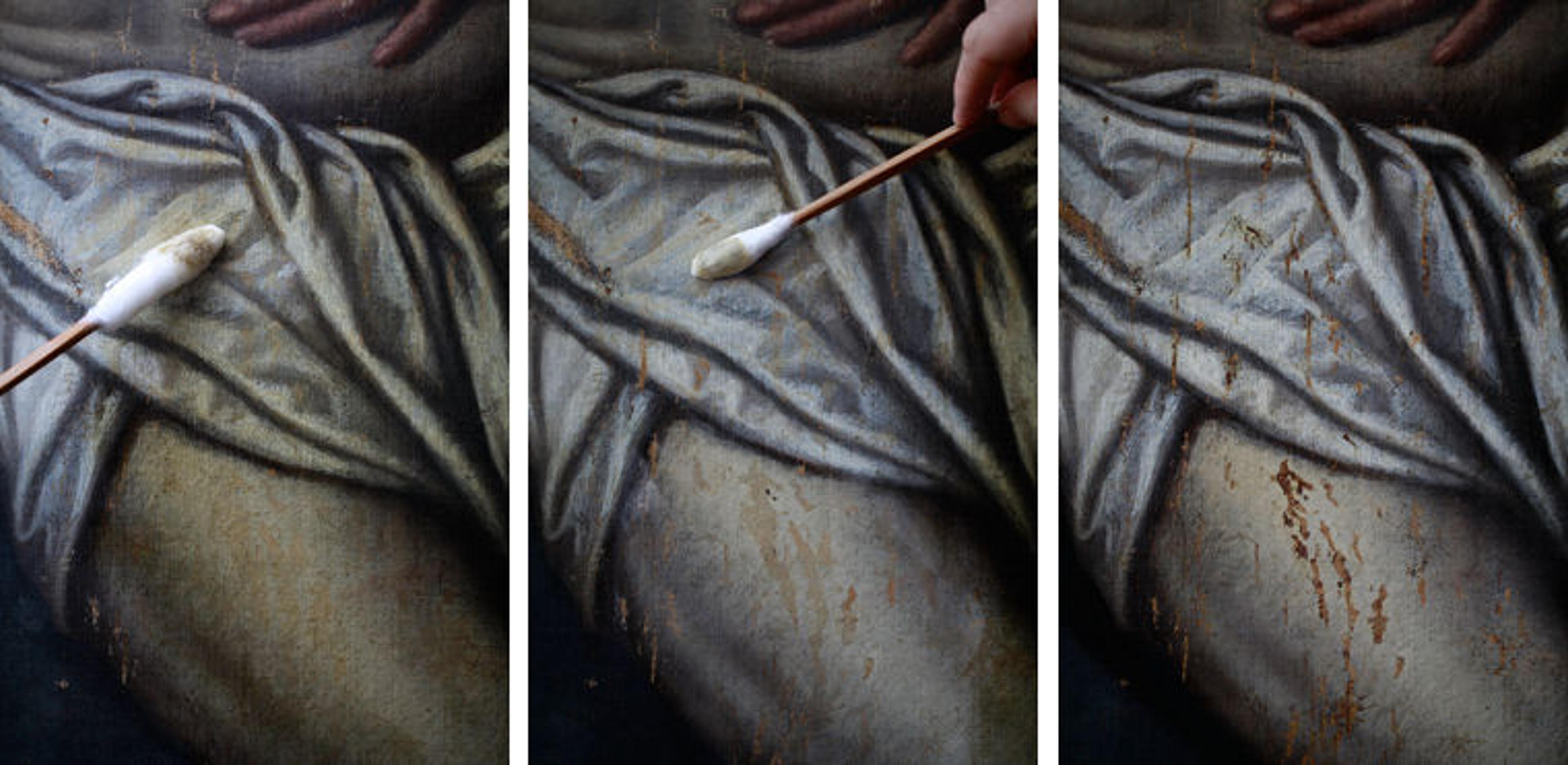 Three images showing various states of conservation treatment on a sixteenth-century painting