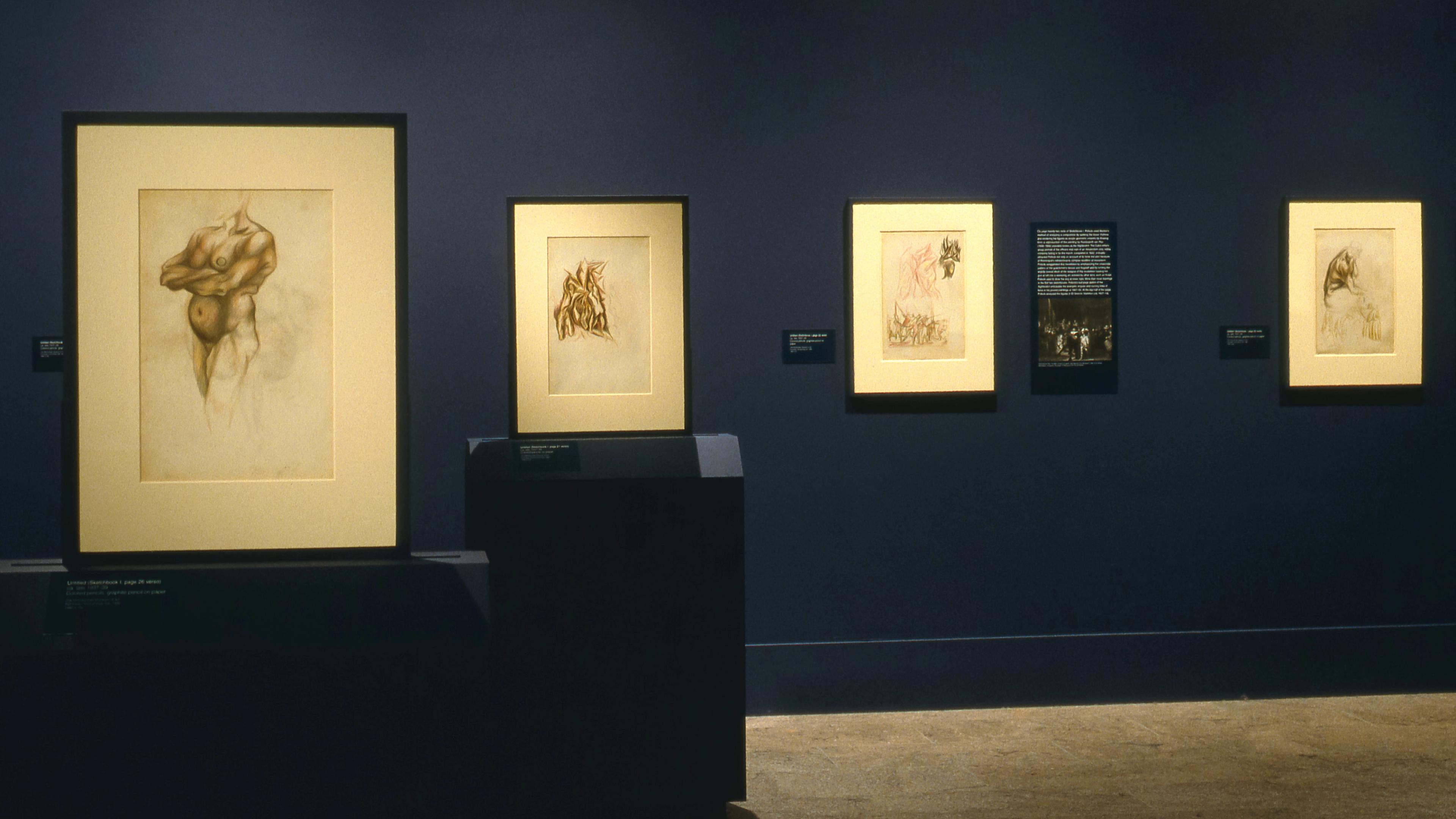 Installation view of an exhibition of drawings.