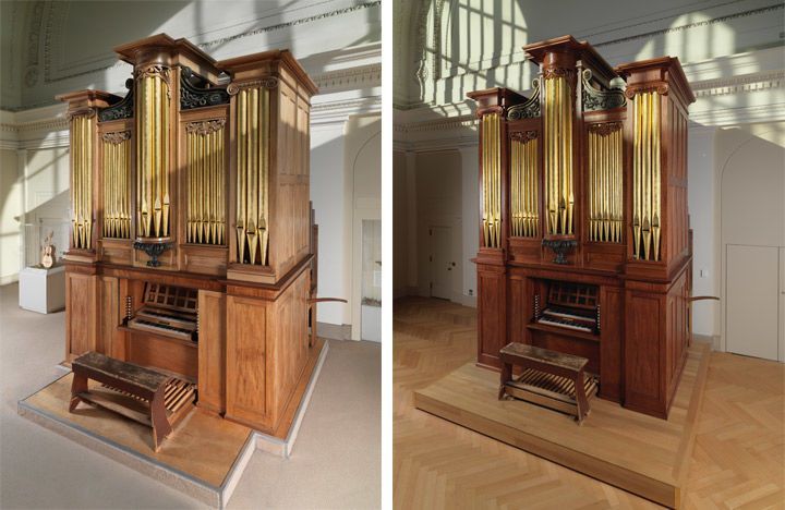 Two photos of the Appleton Organ before and after conservation treatment