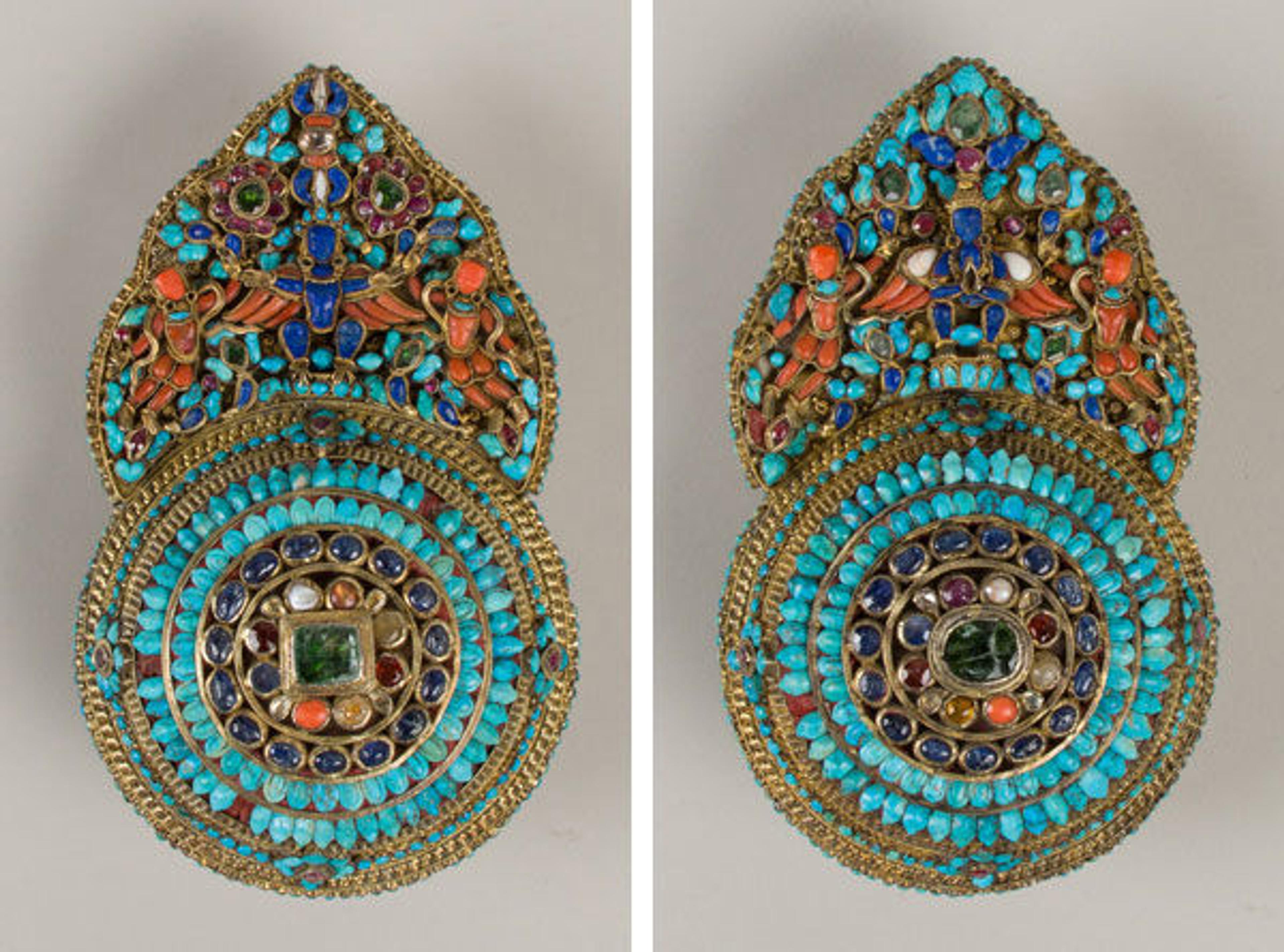 Crown ornaments for a deity, 17th–19th century. Newari for Tibetan Market. Gilt silver, emeralds, sapphires, rubies, garnets, pearls, lapis lazuli, coral, shell, and turquoise; each 6 3/4 x 4 in. (17.1 x 10.2 cm). The Metropolitan Museum of Art, New York, John Stewart Kennedy Fund, 1915 (15.95.81, .82)