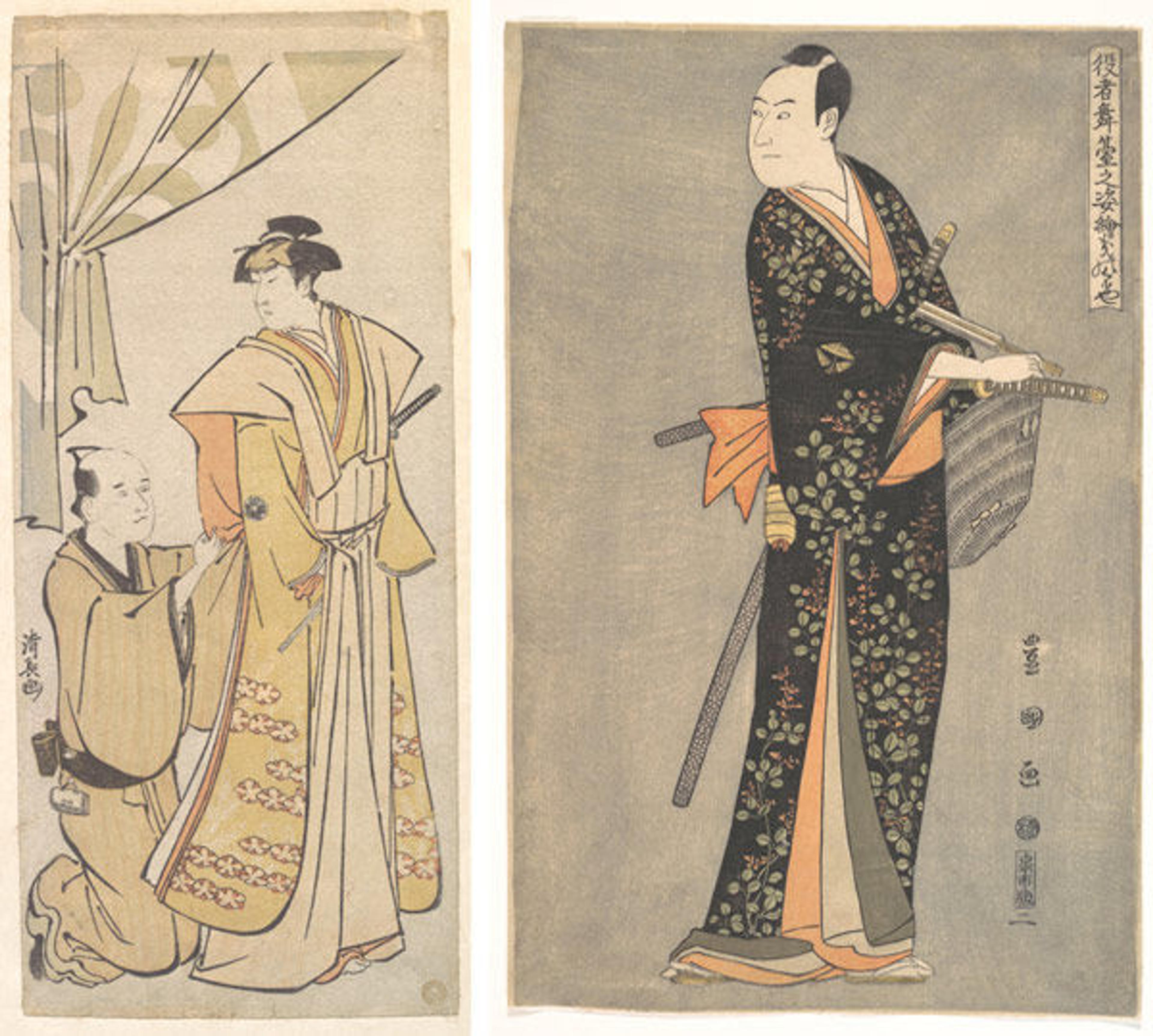 Left: Torii Kiyonaga (Japanese, 1752–1815) | The Actor Nakamura Rikō I with an Attendant, ca. 1784 | JP727 | Right: Utagawa Toyokuni I (Japanese, 1769–1825) | The Actor Sawamura Sōjūrō 3rd (Kinokuniya) from the series Portraits of Actors on Stage (Yakusha butai no sugata-e), ca. 1794 | JP1531