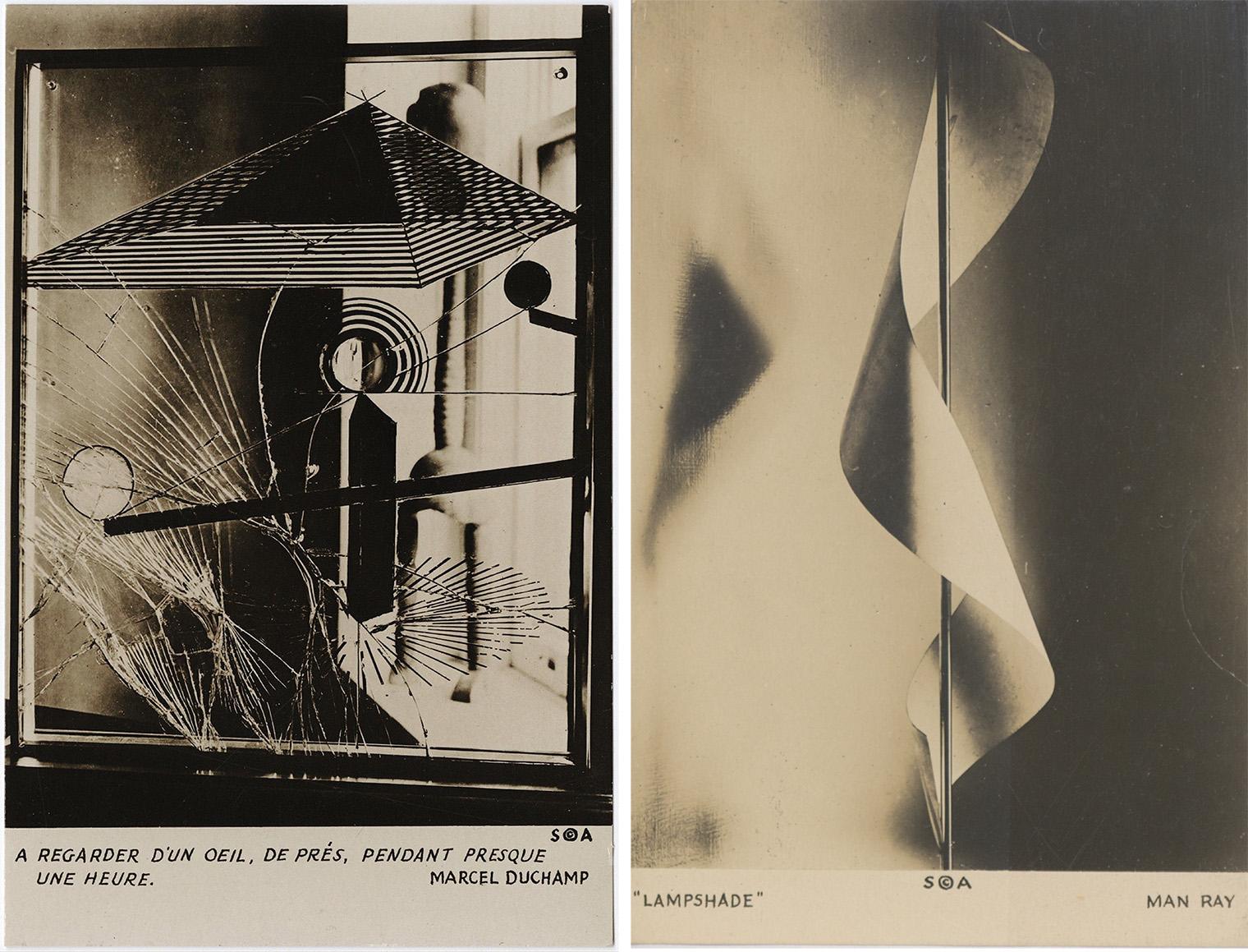 Two black-and-white abstract images. The left shows a shattered glass art piece, geometric shapes; the right features a twisted, ribbon-like form.