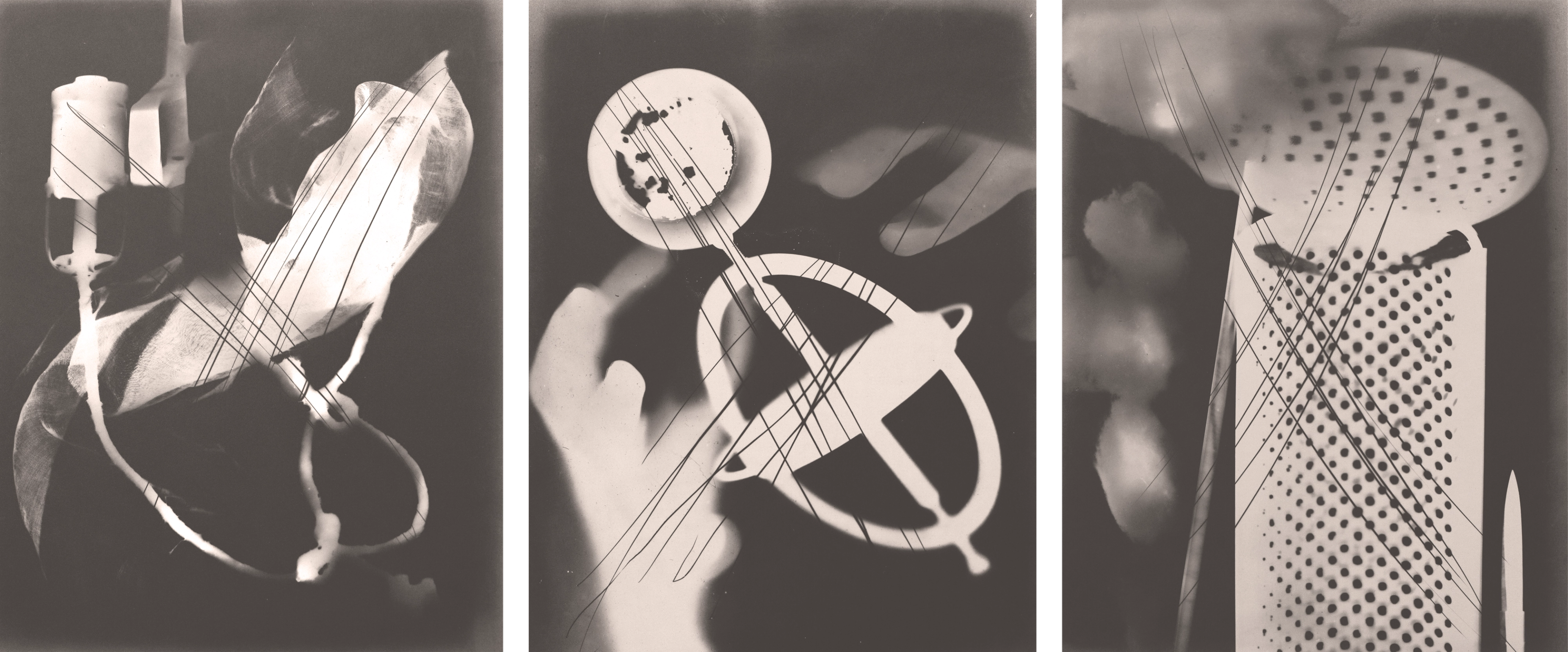 Three black-and-white abstract photograms of silhouetted objects with cancellation marks applied to the surface.