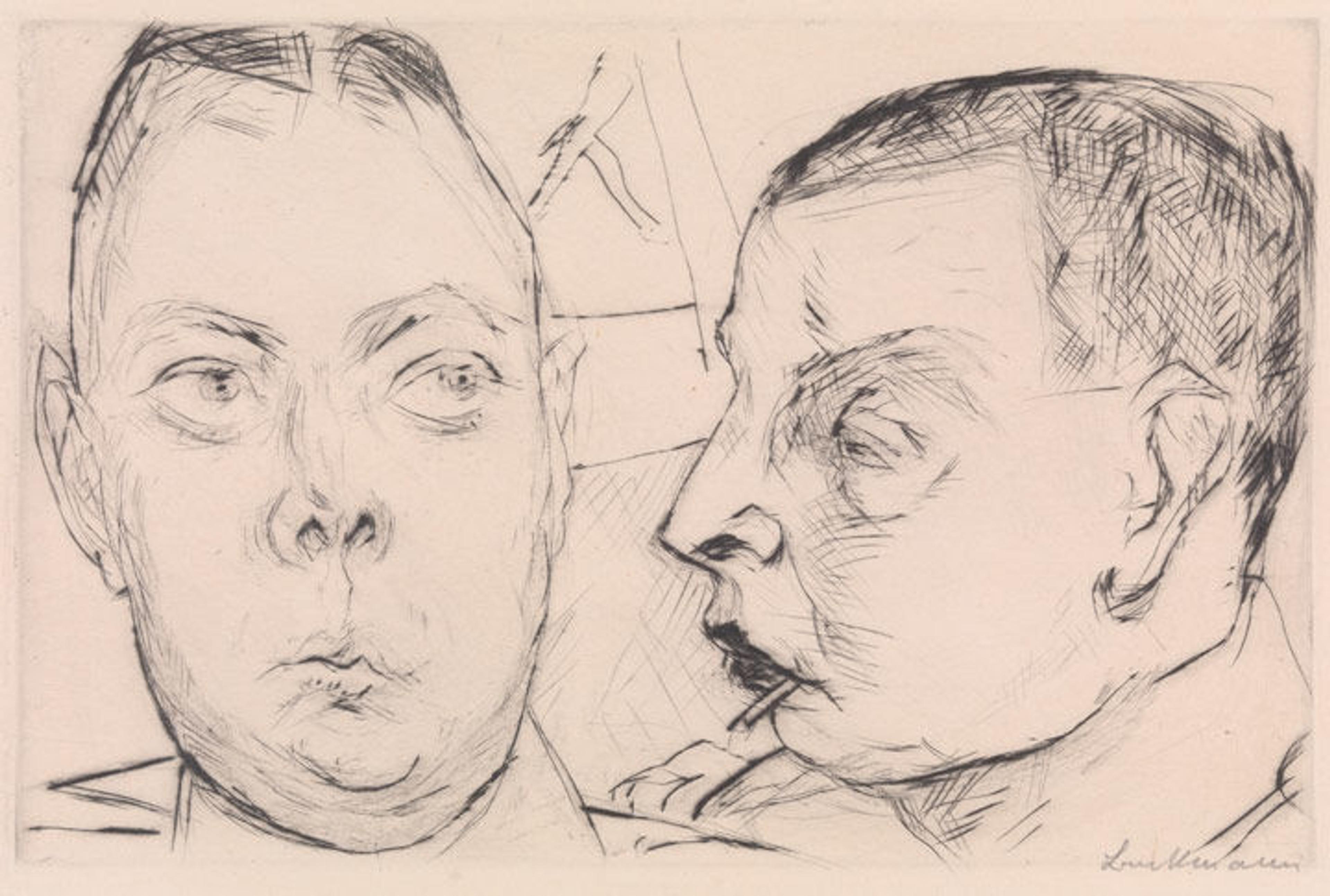 Max Beckmann | Two Officers, 1915 | Drypoint drawing of two soldiers, one facing the viewer and the other seen in profile