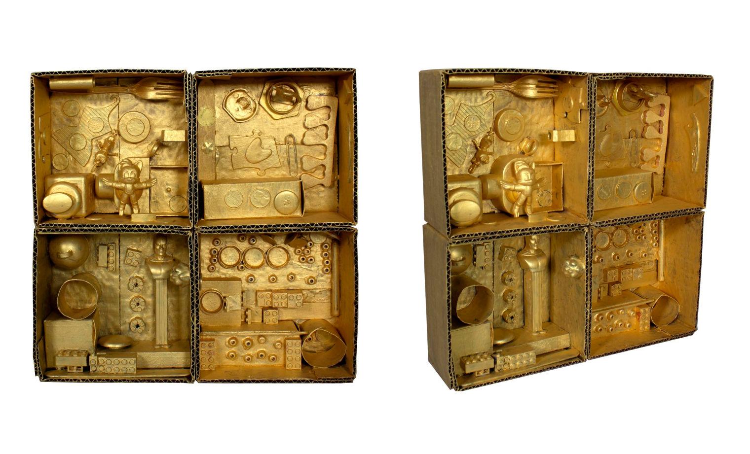 Work featuring objects glued together and painted gold.