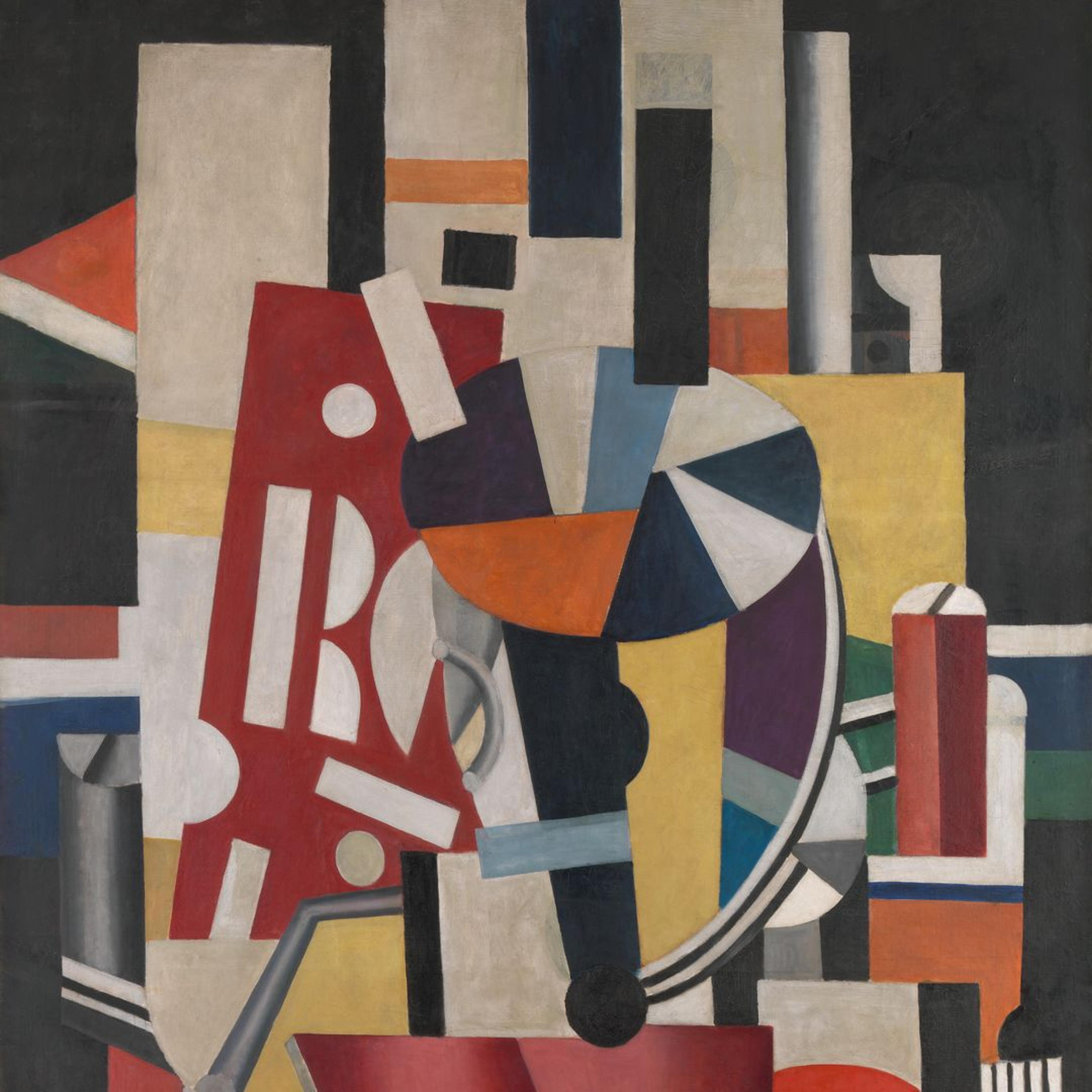 Oil painting with red, yellow, and black geometric cylinders and rectangles combine to form a worker typesetting the letters in front of him