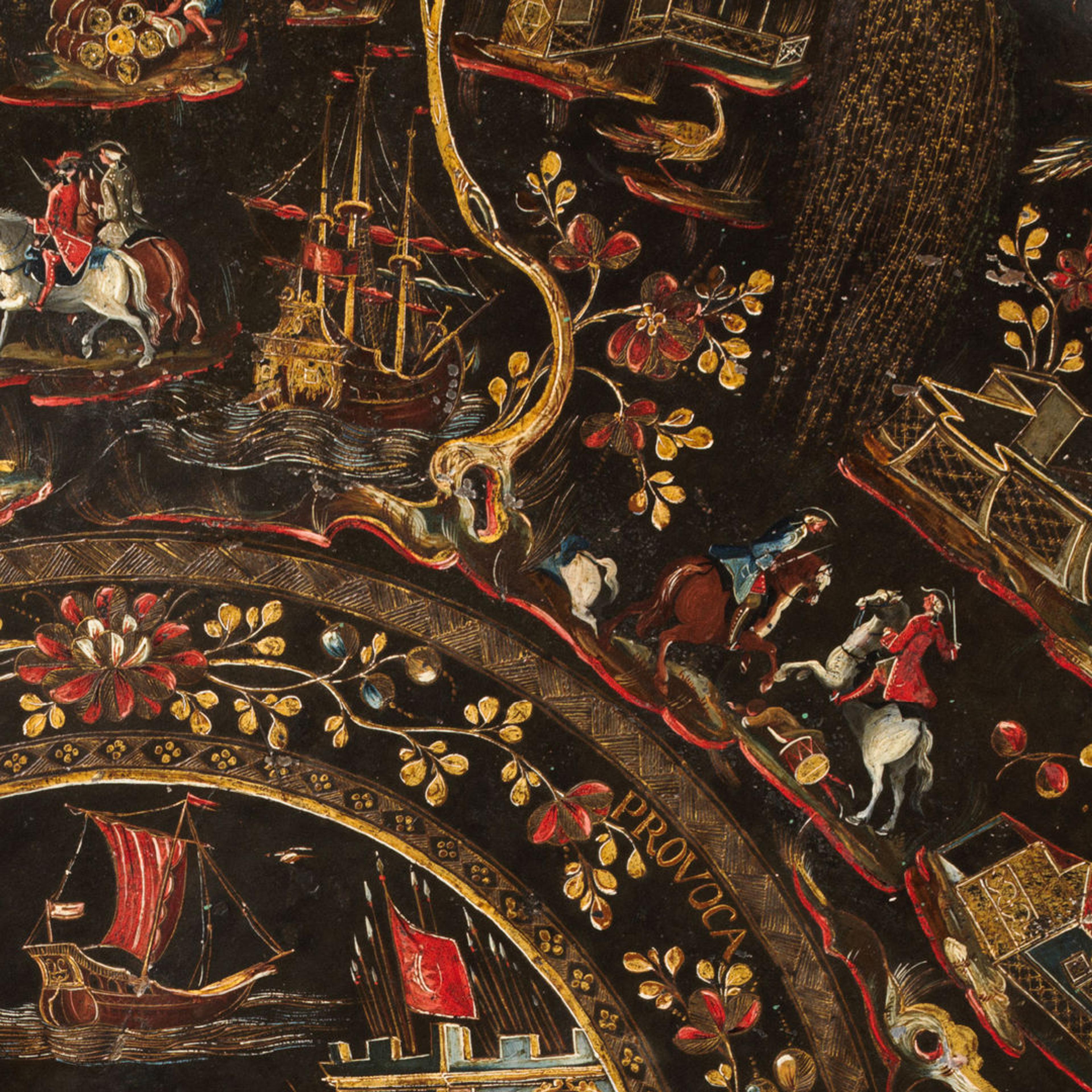 Detail of lacquered tray with scenes from Virgil’s Aeneid. The section depicts figures fighting on horseback, ships at sea, and ornate floral motifs.