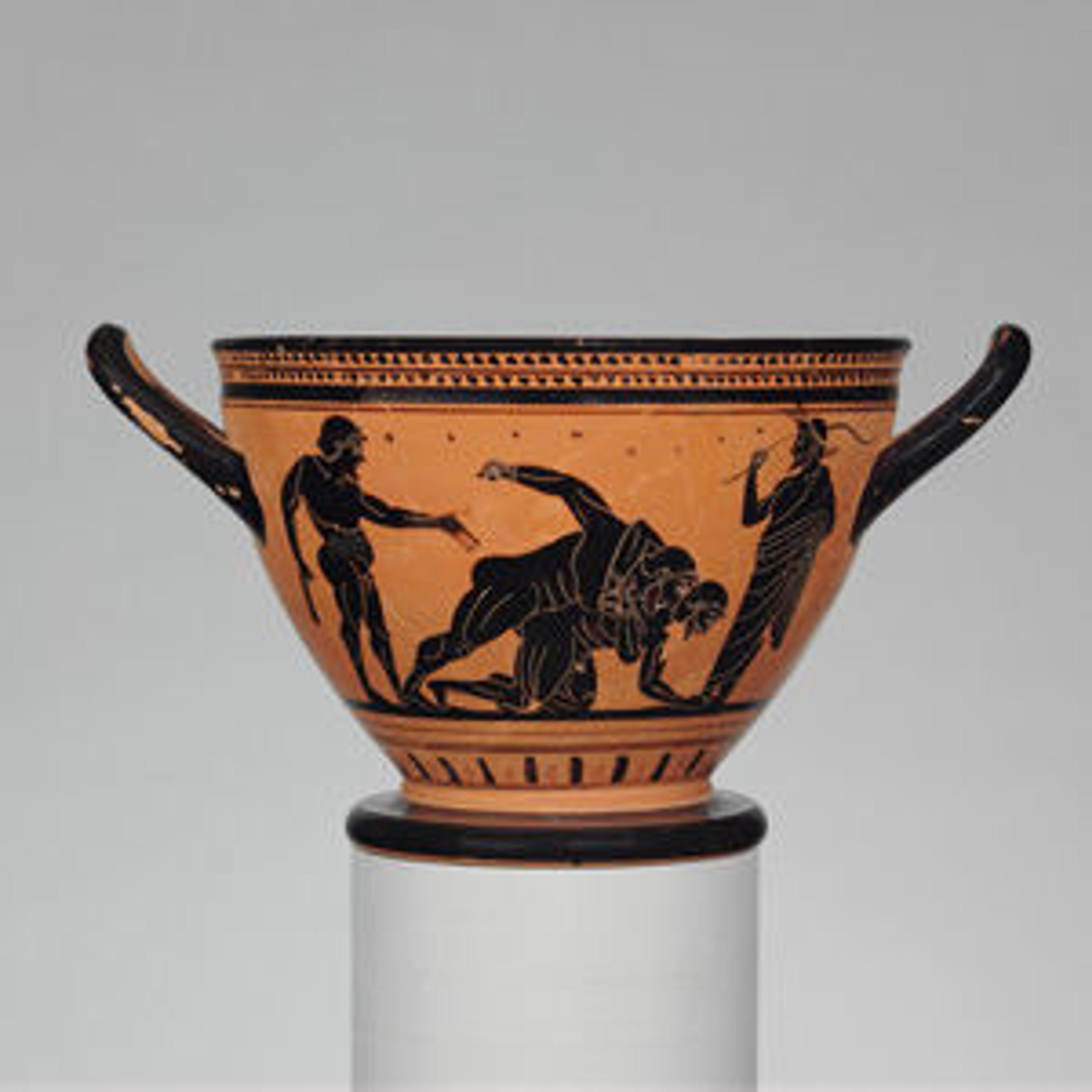 Skyphos (Deep Drinking Cup) with a Pankration competition, Greek, Attic, Archaic period, ca. 500 B.C., attributed to the Theseus Painter, terracotta.