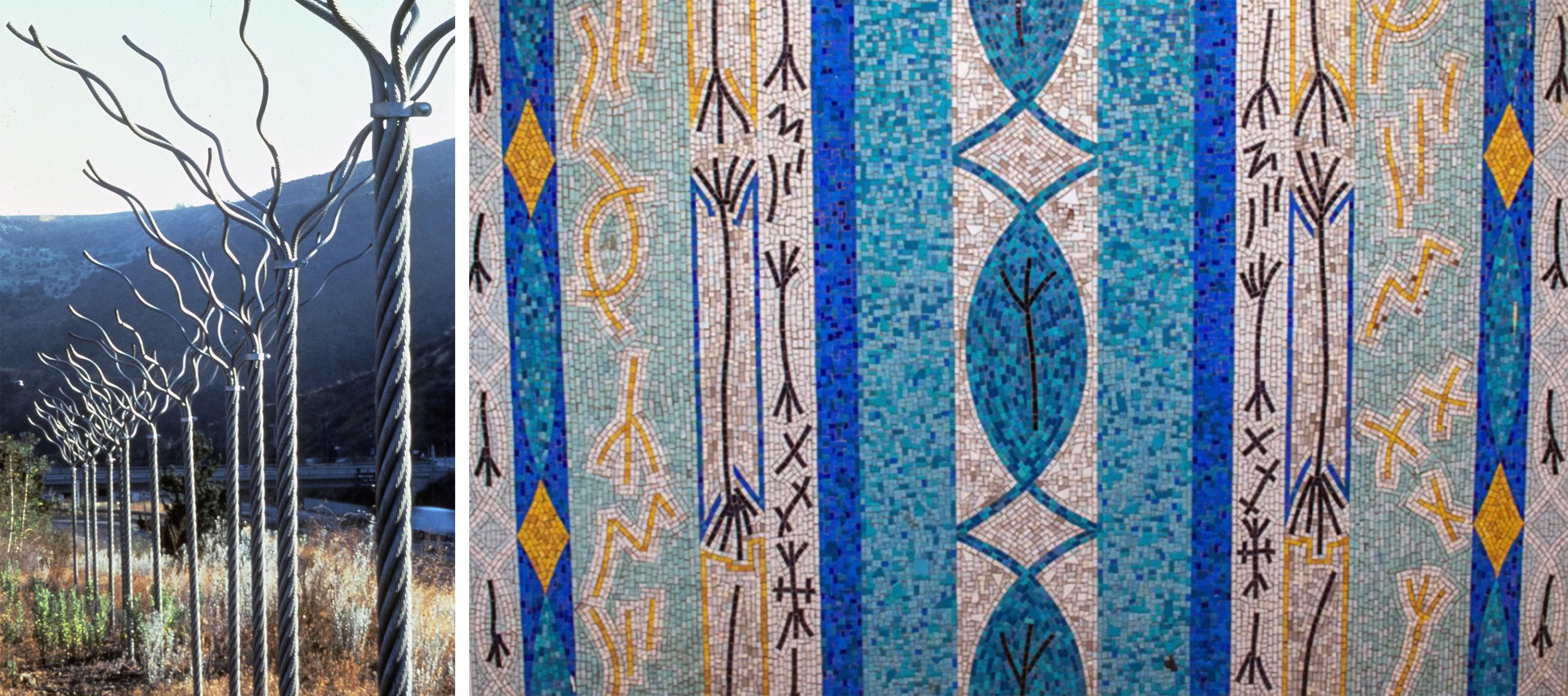 Composte image: On the left wired sculptures resembling trees. On the left there, blue beige and yellow tiles in patterns.